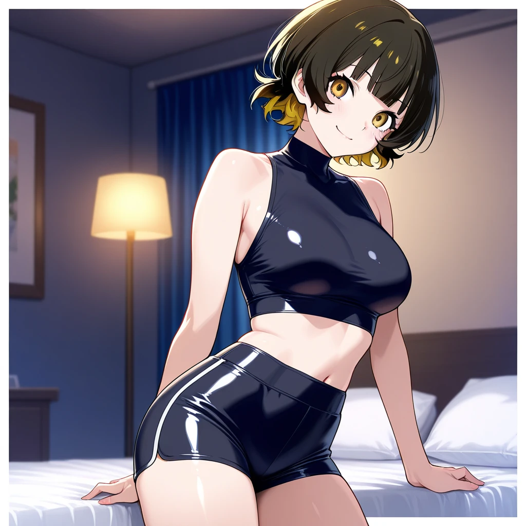 32k、masterpiece、High resolution、((1 female))、short hair、Hair fluttering、Very large breasts、((Very shiny golden latex suit、Sparkling、Close to the body、Beautiful body lines))、Smiling Kindly、Very close、Floating in space