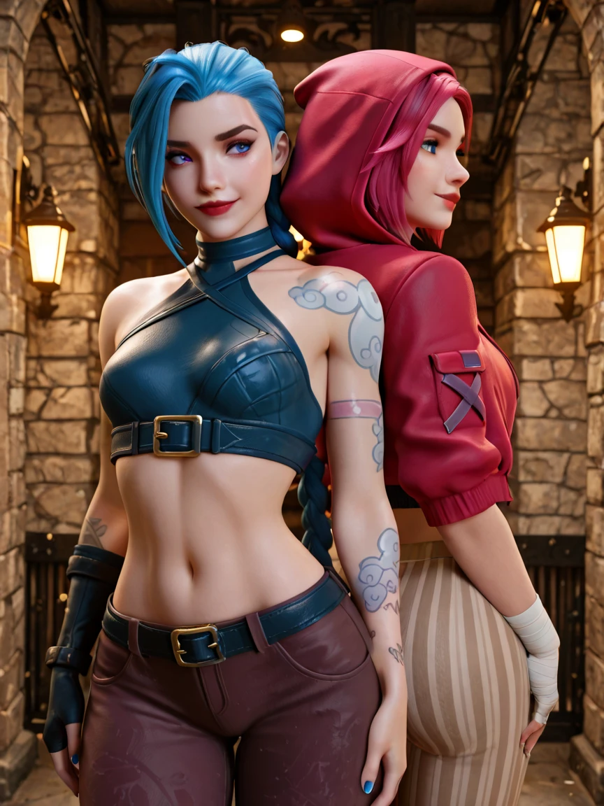 Jinx, estilo arcano, ((1girl)), asymmetrical bangs, franja azul, cabelo azul, pigtail, camisa marrom, tatuagem de nuvem, cabelo azul, jinx de cabelo longo, diafragma, olhos cor de rosa, gorgeous body, red-lips, wide hips, detailed abs, twin braids, Jinx de Arcane\(league of legends\) (arcane style), solo