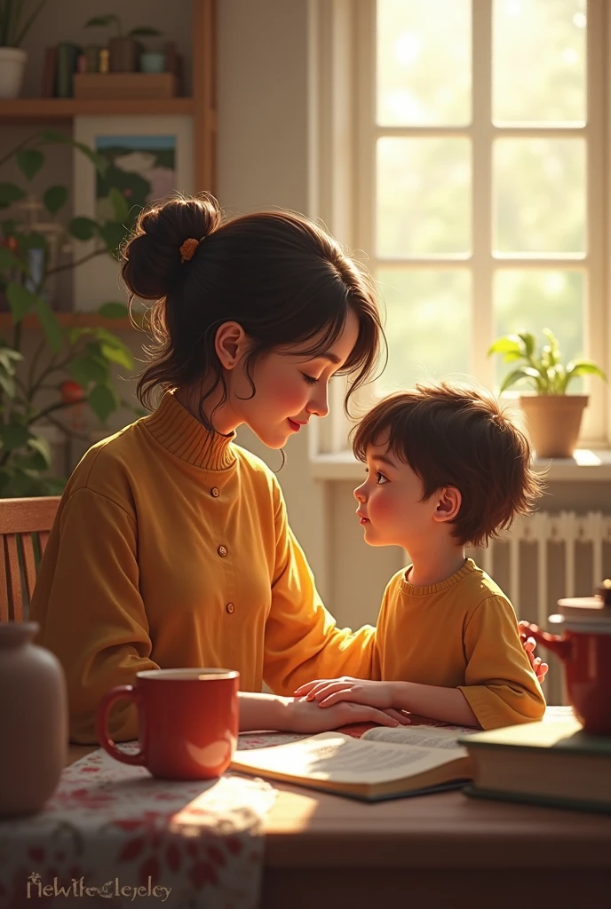 Woman sitting on sofa with her son playing next to her 