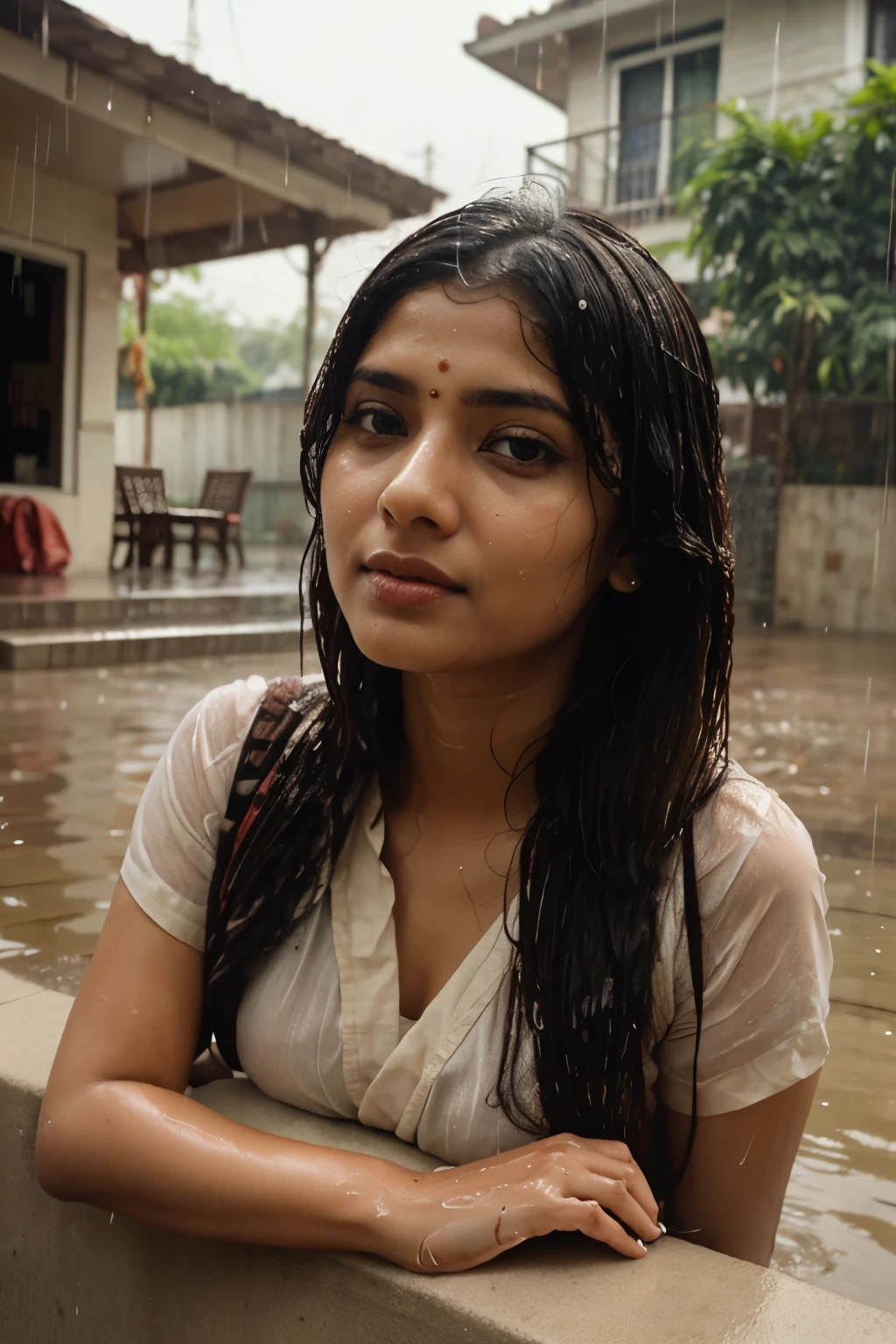 Full body of a 20 years old extremely beautiful brown Tamil girl (white shirt blue jeans), (bangles earrings necklace wrist watch), enjoying in the rain, drenched in rain, facing viewers facing camera, eyes symmetry, (best quality, ultra-detailed:1.6), colorful scene, bright color palette, playful atmosphere, vibrant colors, cute expressions, joyful laughter, raindrop reflections, wet hair, wet clothes, wet body, body reflecting light, back lit, refreshing ambiance, happy face, splashing water, raindrops falling around her, natural lighting, candid moments captured, lively mood, (intricate detailing:1.6 faces & eyes & ears & nose & lips & skin & curves & body parts)