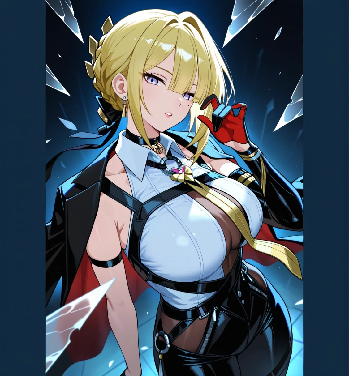 Mlynar(Arknights),yellow hair,animal ears,curvy body,wearing her original clothes(half broken), wielding big rapier(one only), big breast,big thighs,icy background,midnight setting,nsfw