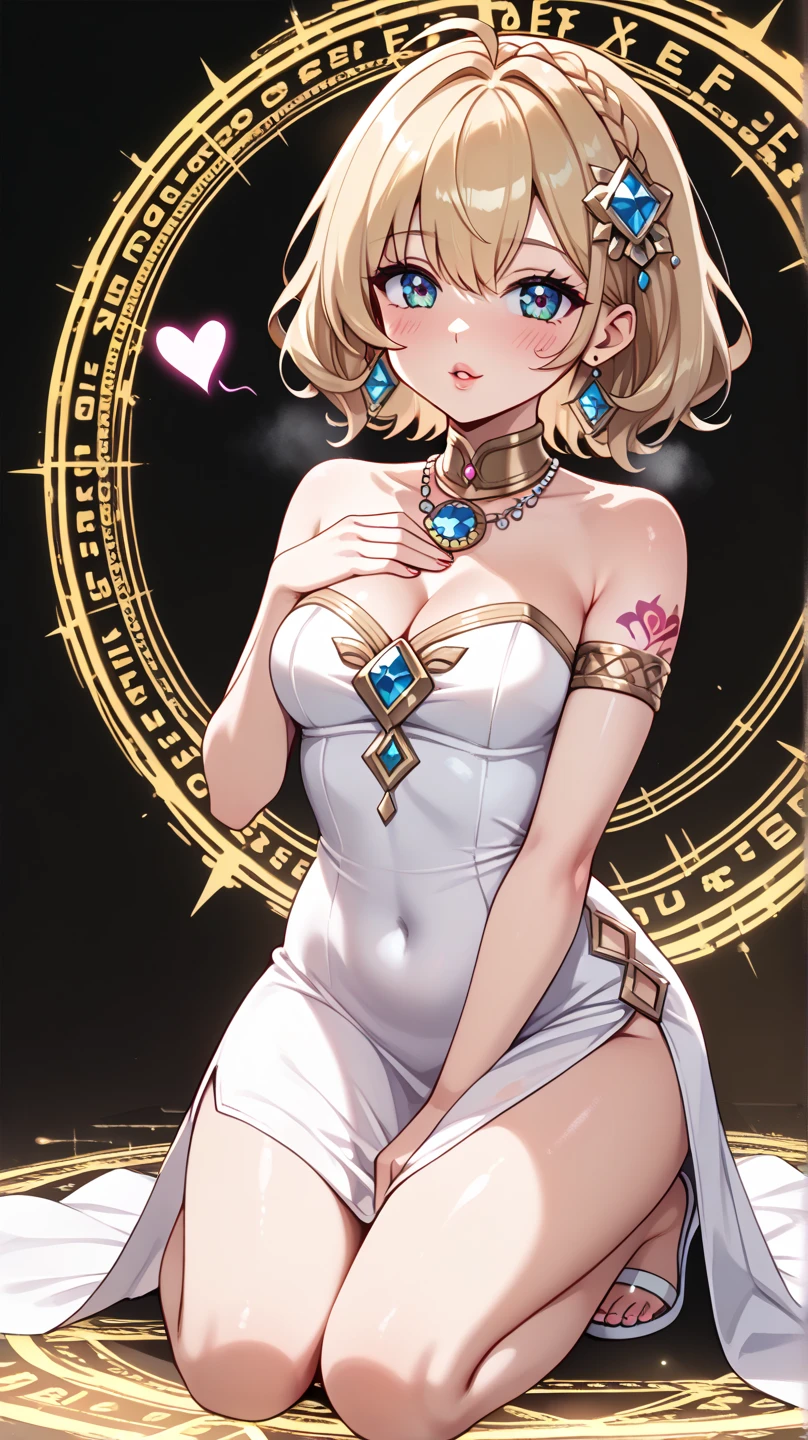 1 hot girl, pale skin, kda ahri, blue eyes, grin, gorgeous, blonde hair, short bob, fox ears, makeup, young teen, huge breasts, hands behind head, armpits, tight body, in bed, on her back, idol dress, cleavage, fox tails, whisker marks