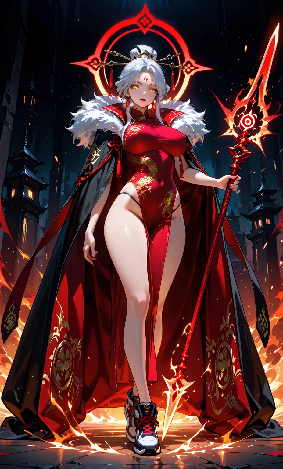 A woman in a red dress、Close-up of woman holding sword, Beautiful full body concept art, Beautiful and elegant demon queen, Epic and beautiful character art, Onmyoji detailed art, dark witch fullbody pose, A complete portrait of an elementalist, Full body fairy, dark witch full view, Humanity :: witch