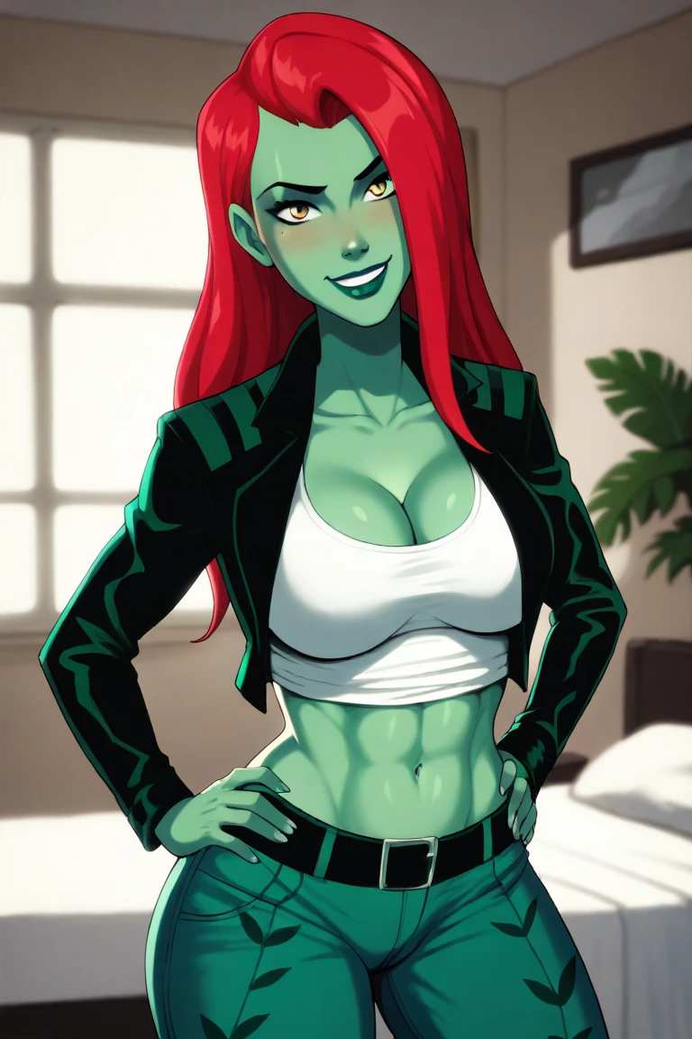 8k, best quality, beautiful muscular adult woman, very muscular, broad shoulders, wide body frame, very tall, long messy vivid green hair, soft facial features, off-shoulder light gray bare midriff top, dark blue mid-thigh cutoff shorts, large breasts, large toned ass, lusty grin, romantic expression, sensual, yearning, athletic, fit, sultry, pale white skin, 8 feet tall, muscular thighs, shredded waist, glowing green eyes, beautiful, strong, TALL, hdr, black goth eyeliner, long hair, green eyes, matte black lipstick, indoor fancy cabin, large glass doors, lakeside, early morning, Lake Huron