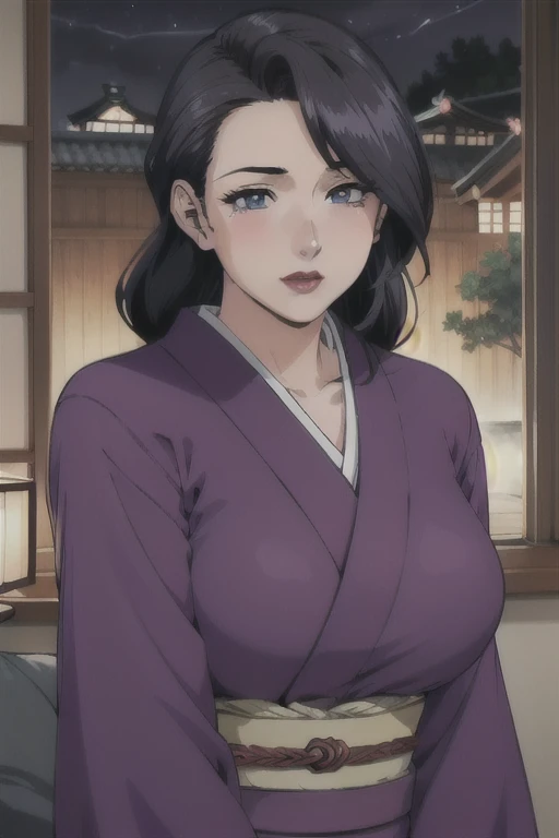 (masterpiece, better quality, unity 8k, High definition), ambient light, 1milf, One, (great_beautiful_detailed hair face eyes nose mouth skin, slim:1.3), BREAK
(Night:1.7), in front of the window, sits at attention , sitting on the couch, purple_kimono,belt, shoji , shrine, Japanese_ Clothes, black_ hair, hair_horoshiy, lipstick, manga, 30 years, Adult woman, , giant long saggy breasts , looks at the viewer