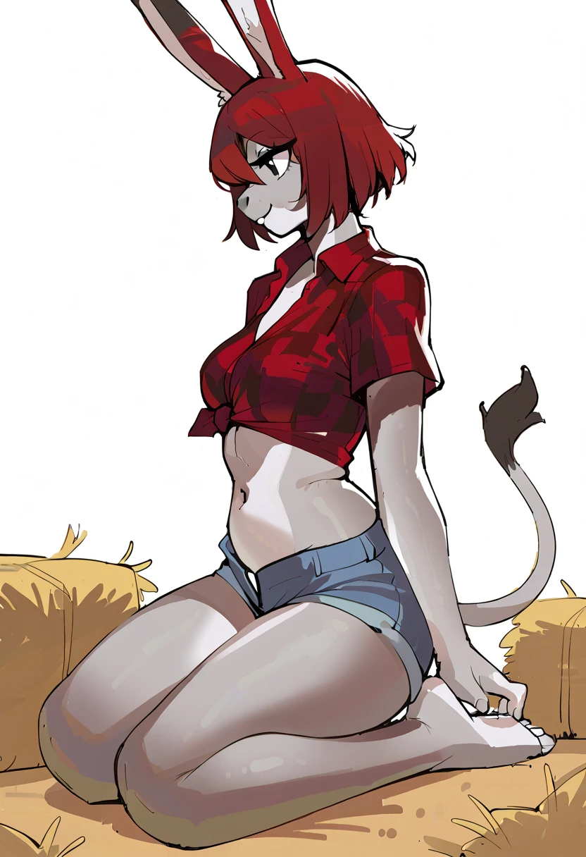 Fantasy Farm Attire, Revealing Farm Clothes, booty shorts, medium breasts, sexy bovine woman, Furry, spotted fur, short red hair, glasses, in barn,