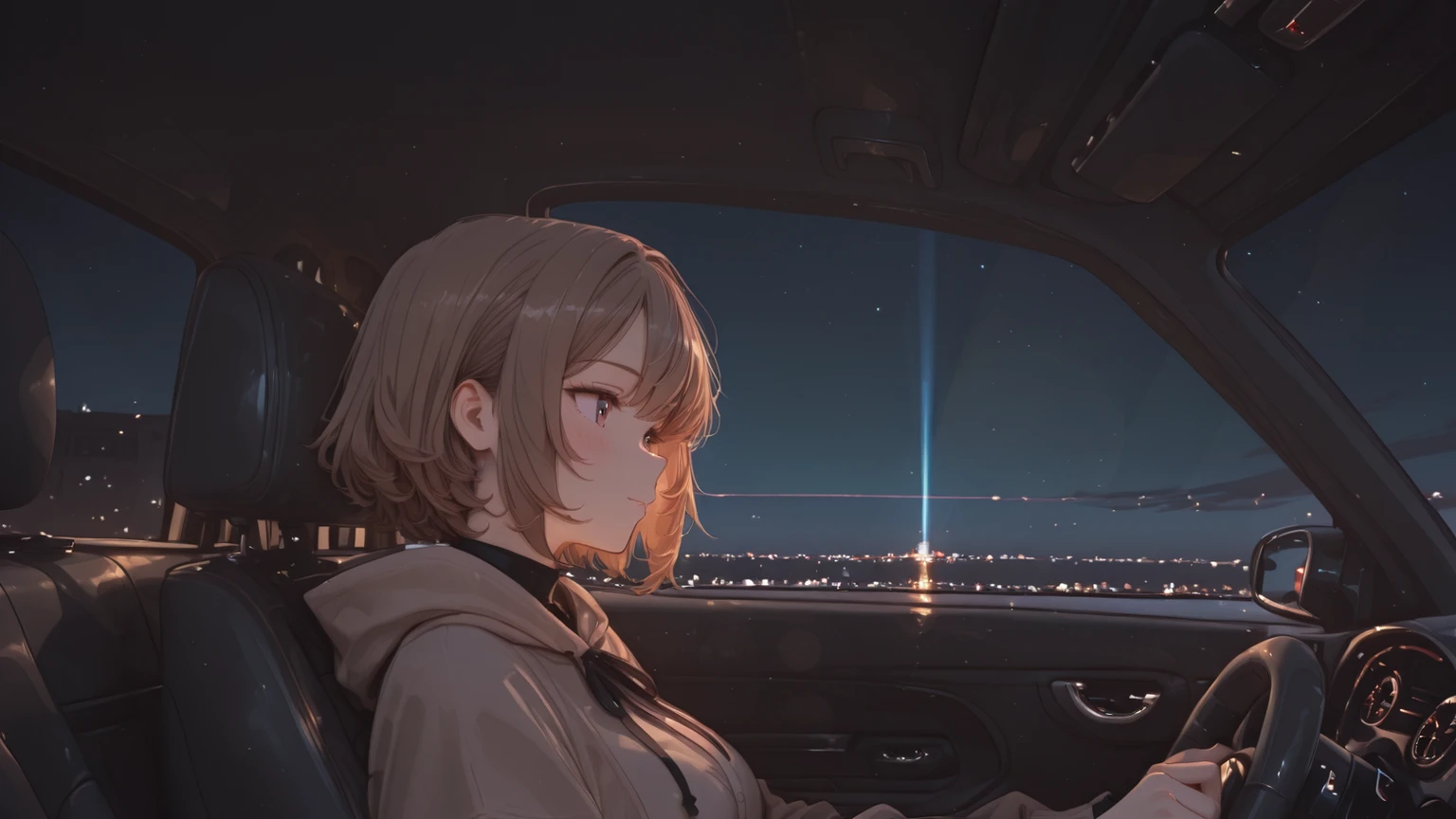 Driving in a car, a beautiful night view from the window, a woman alone.