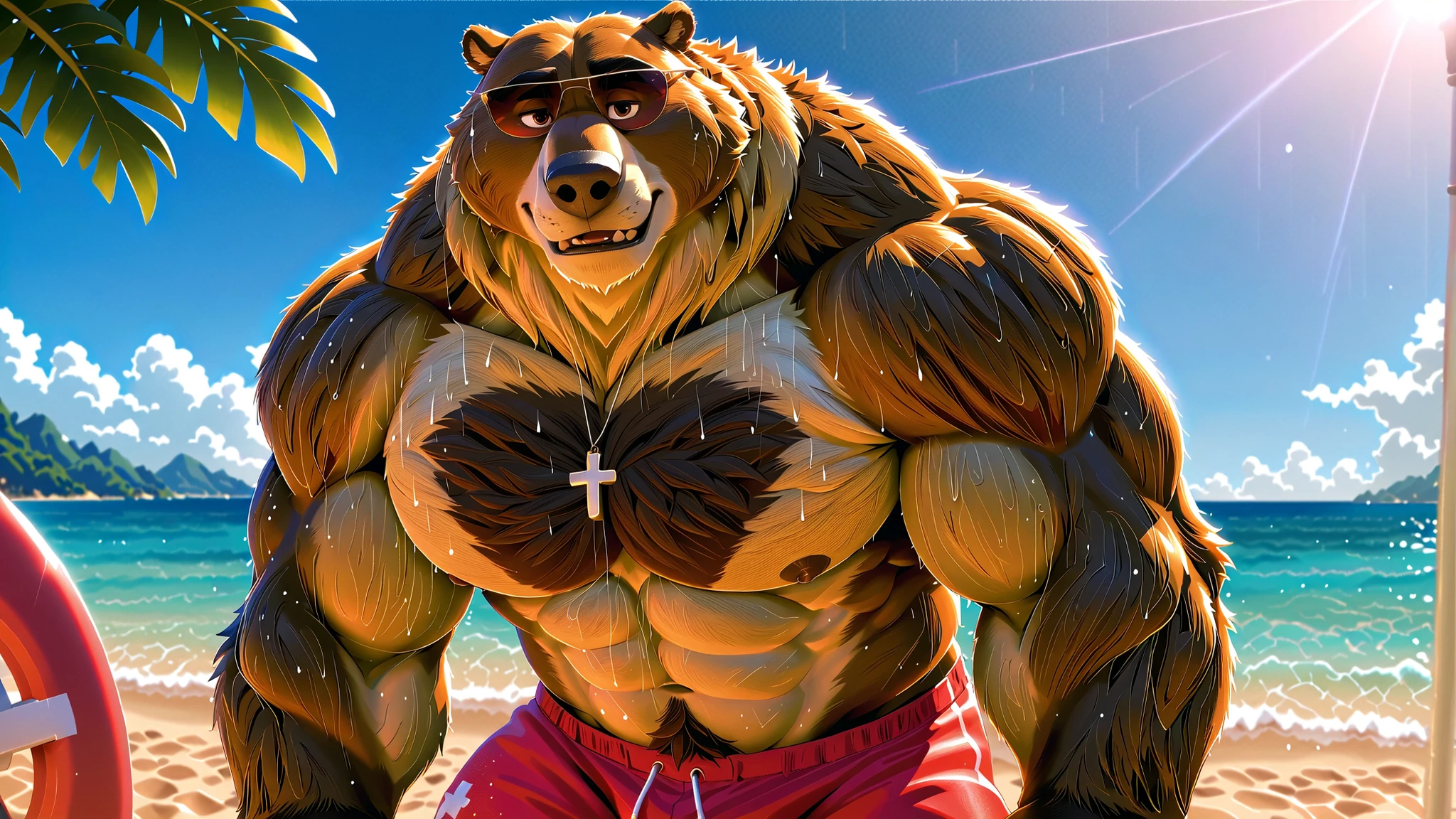 male, anthro, muscle, Zootopia, 8k (kemono), (grizzly bear), brown fur, pumped body, red swim trunks with a cross, lifeguard, sunglasses, beach, half length portrait, by bara, detailed beach background, light particles, hi res, bara