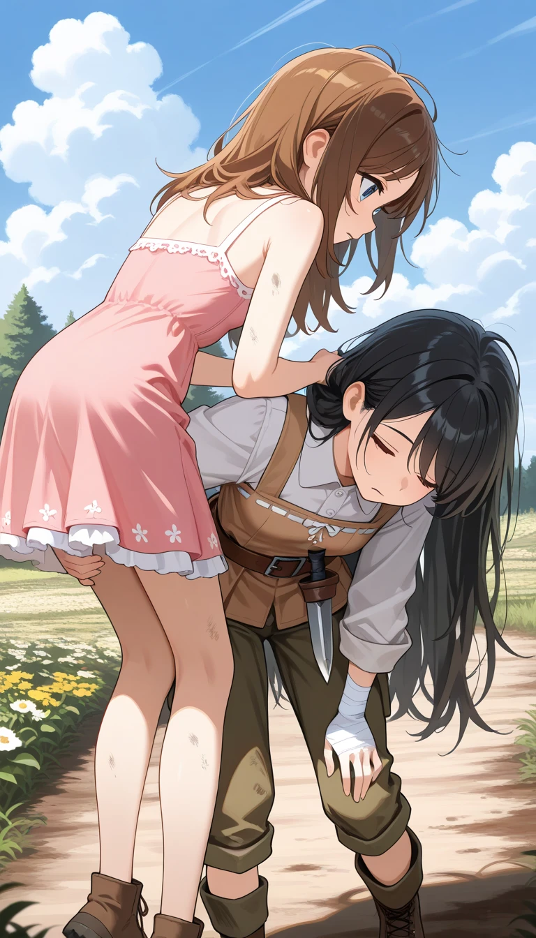 score_9, score_8_up, score_7_up, score_6_up, source_anime, BREAK, nude male clothed female, hugging each other, oral, fellatio, blowjob, oral sex, duo, lovers, skinny, attack on titan, age difference, medieval, medievaloutfit, age difference, grassy field, standing, outdoors, field, snk, aot, BREAK, 1girl, outdoors, aged down, , wearing skirt, ginger pigtails, blue eyes, braided pigtails, attack on titan style, aot, snk, smug, thoughtfull, smug expression, BREAK, 1boy,brown skinned male, brown skin, brown eyes, black hair, nude, frustrated, looking at one another, brown boy, teen boy, teenage boy, dark skinned male, huge penis 