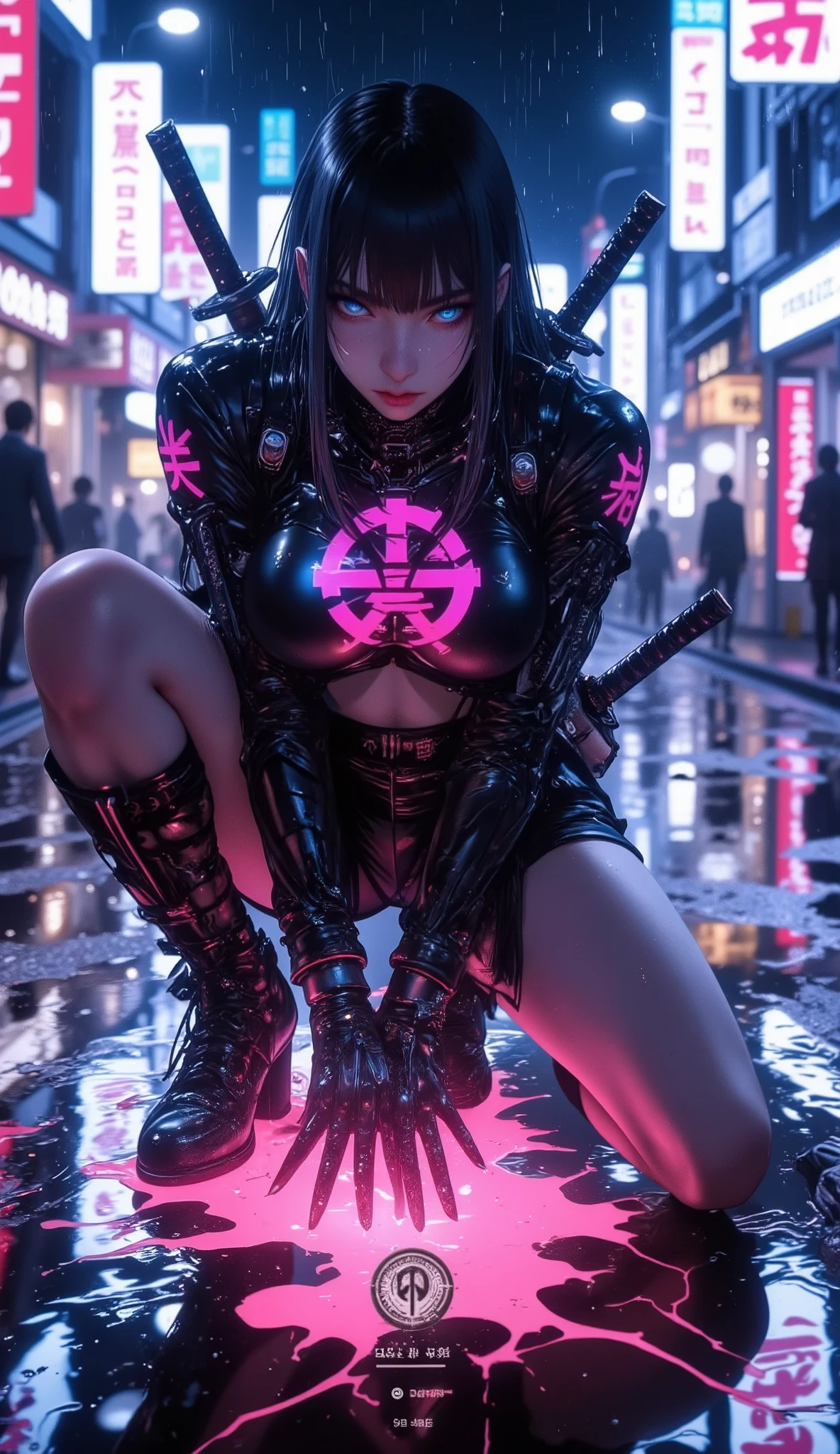 Marika Tachibana is cyberpunk female samurai, crouched on wet neon-lit Tokyo street at night, intense blue eyes glowing, short techwear suit with kanji symbols pulsing on chest and arms, dual katanas sheathed on back, futuristic rain falling, reflection of enemy in puddle, glowing pink mist at her feet, cinematic atmosphere, soft light reflections, mysterious tension, hyper-detailed anime realism --v 5
