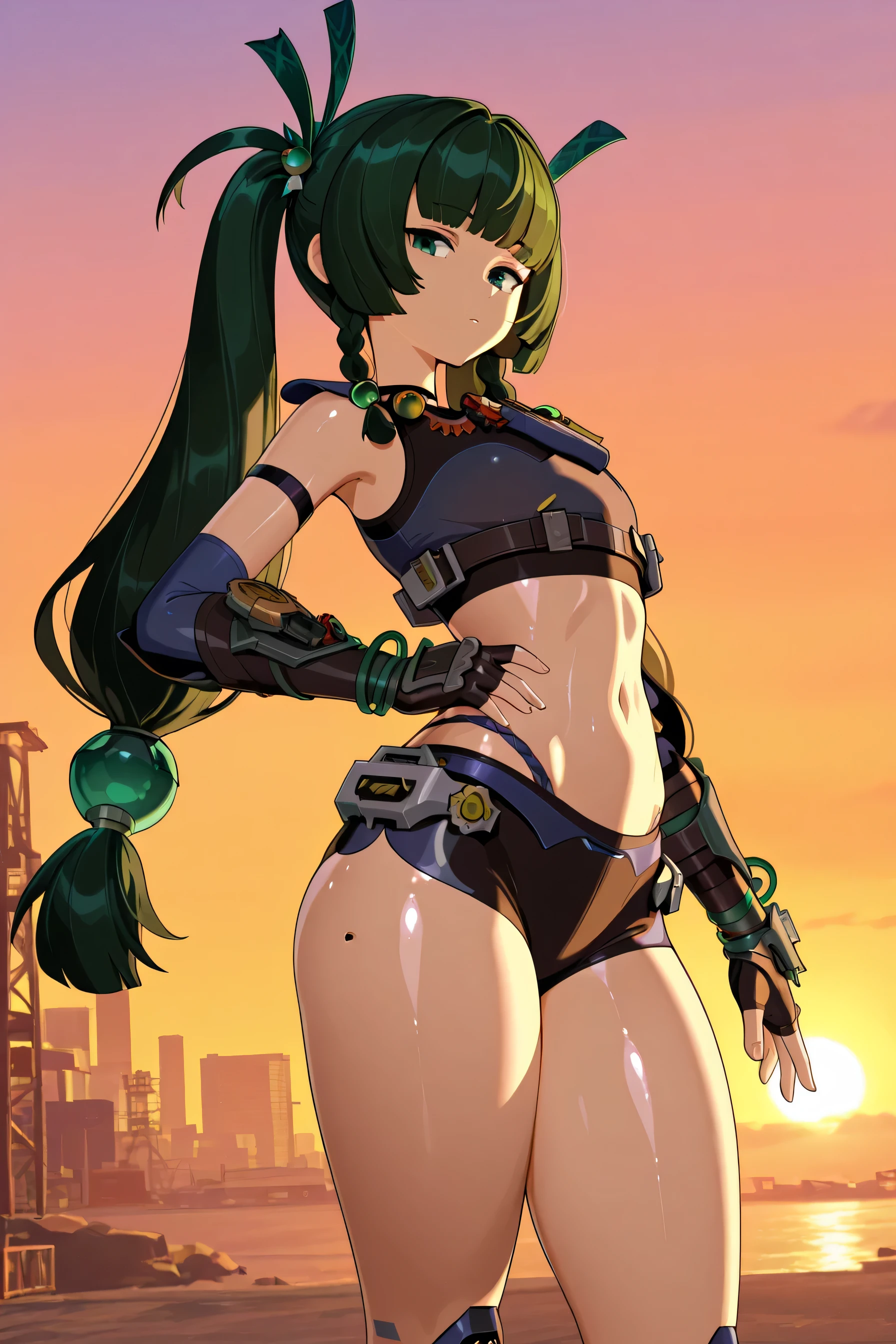 masterpiece, best quality,detailed, highres,shiny skin,1girl, solo,BREAK,
timegal, blue eyes, long hair, breasts, green hair, bangs, medium breasts, shiny hair,lips,shiny skin,BREAK,
belt, gloves, boots, navel, white gloves, thighs, red midriff, red sleeveless,knee boots, white footwear, elbow gloves, crop top, cleavage,(gray shoulder armor), red bikini,
BREAK,
((( outdoors, ))),(( cowboy shot , dynamic pose, looking at viewer, )), light smile,futuristic city, synthwave, neon, giant screens,