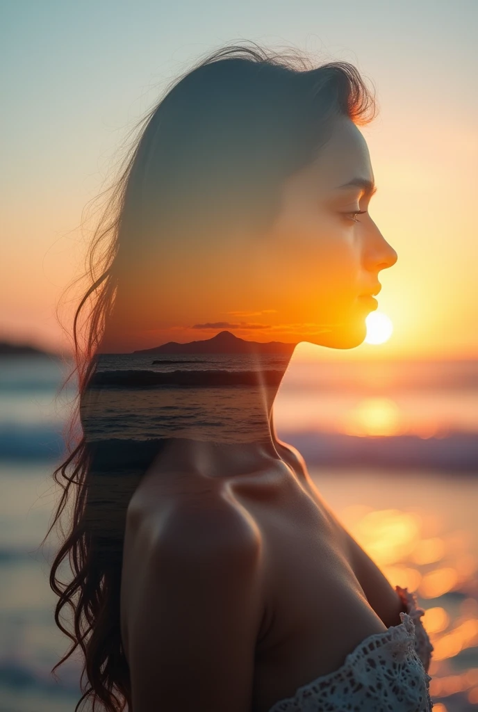 high quality, 8K Ultra HD, Uma bela double exposure que combina uma silhueta de deusa com a costa ao pôr do sol, the coast at sunset should serve as a backdrop, backdrop with her details embedded in the goddess,  sharp lines, The background is monochrome, sharp focus, double exposure, By Yukisakura, full color