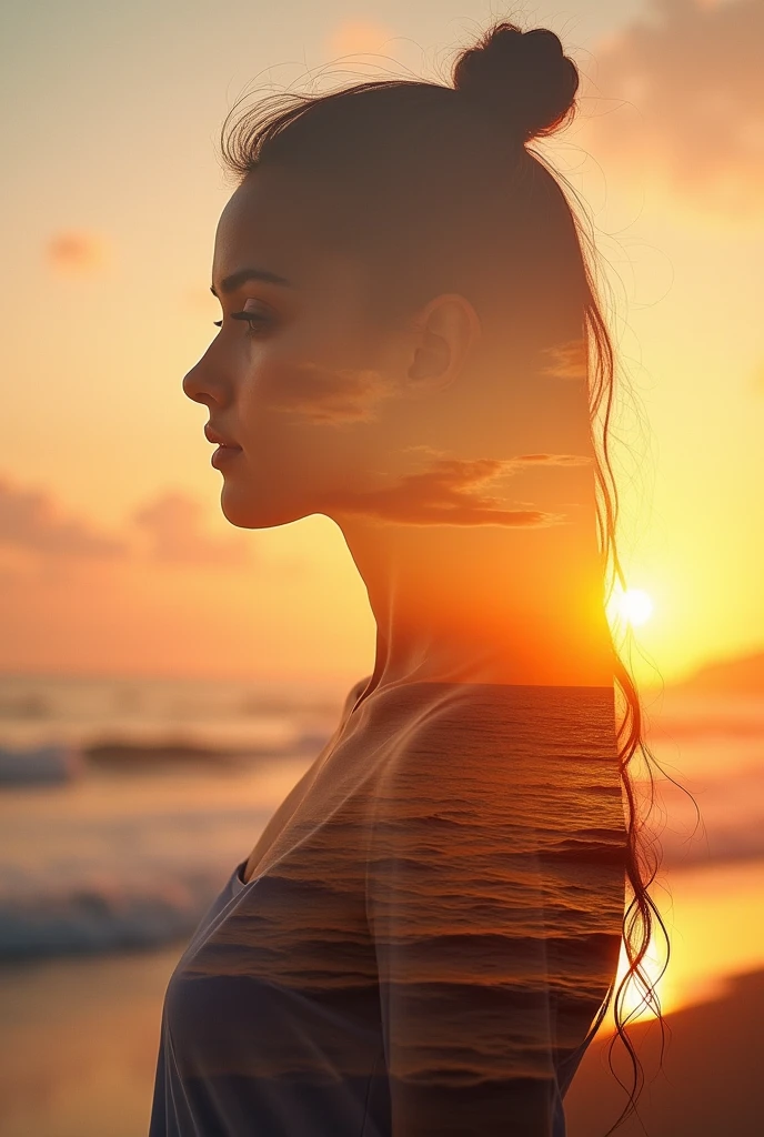 high quality, 8K Ultra HD, Uma bela double exposure que combina uma silhueta de deusa com a costa ao pôr do sol, the coast at sunset should serve as a backdrop, backdrop with her details embedded in the goddess,  sharp lines, The background is monochrome, sharp focus, double exposure, By Yukisakura, full color