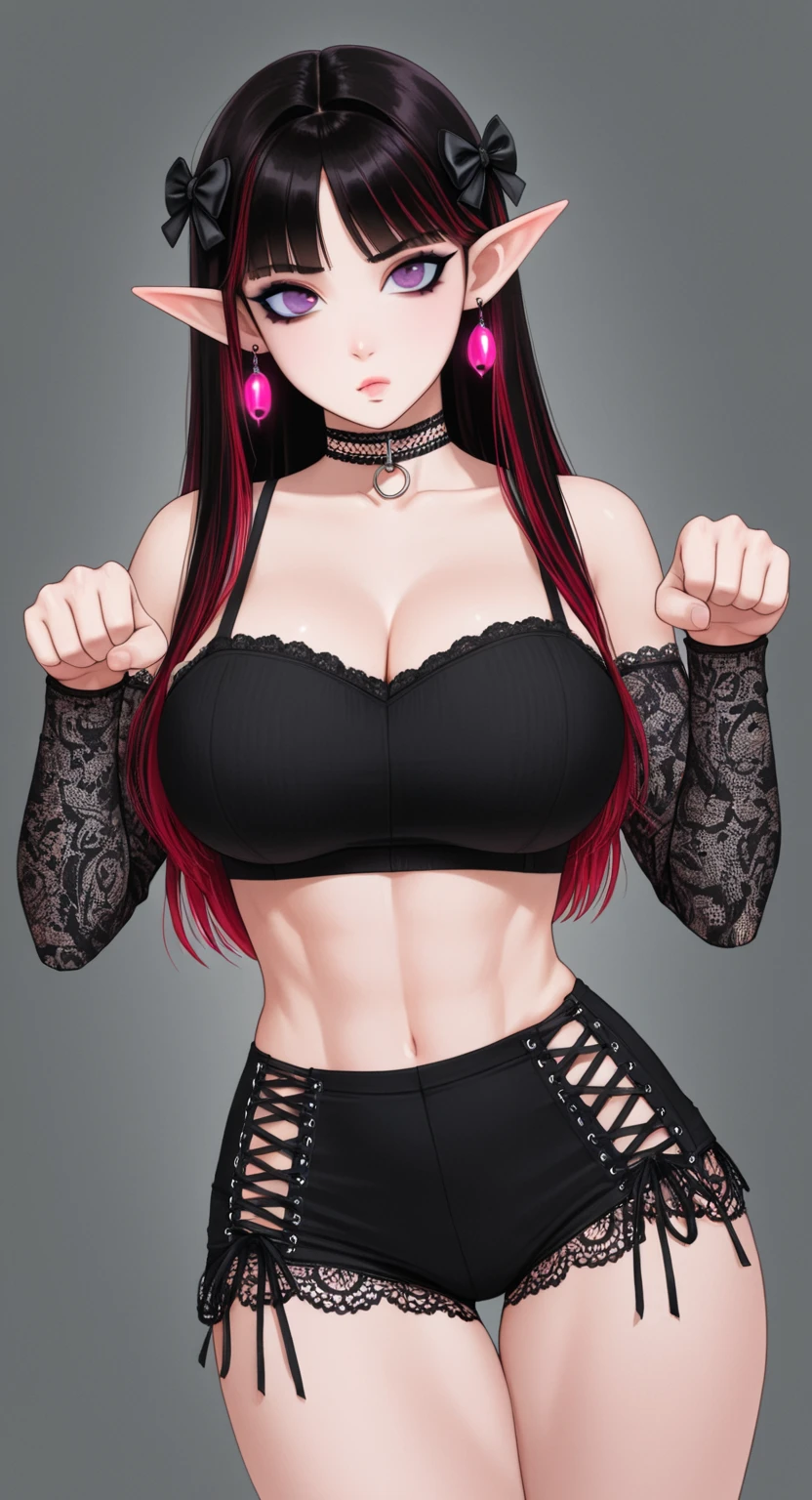 big lips, Brown hair, pink eyes, japanese face, improve, improve grin, two sides up, huge breasts, Wide hips, sexy, detailed, pink room, hits, (evil smile1.4), kawaii, pleated skirt, punk, good, Pink and black suit, plaid skirt, punk shirt, choker, punk skirt, punk shirt,navel piercing