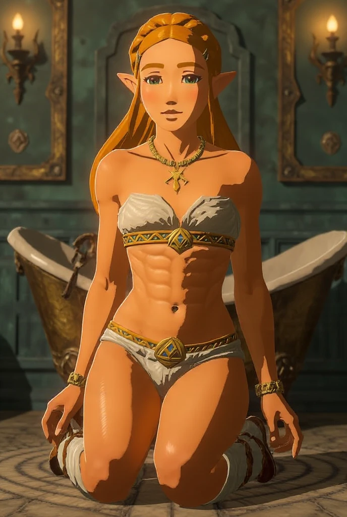 ((masterpiece)), ((best quality)), (detailed), perfect, solo, zelda, gorgeous woman with bikini, luscious lips, long hair, huge breast, deep cleavage, huge breasts, sexy, lying down