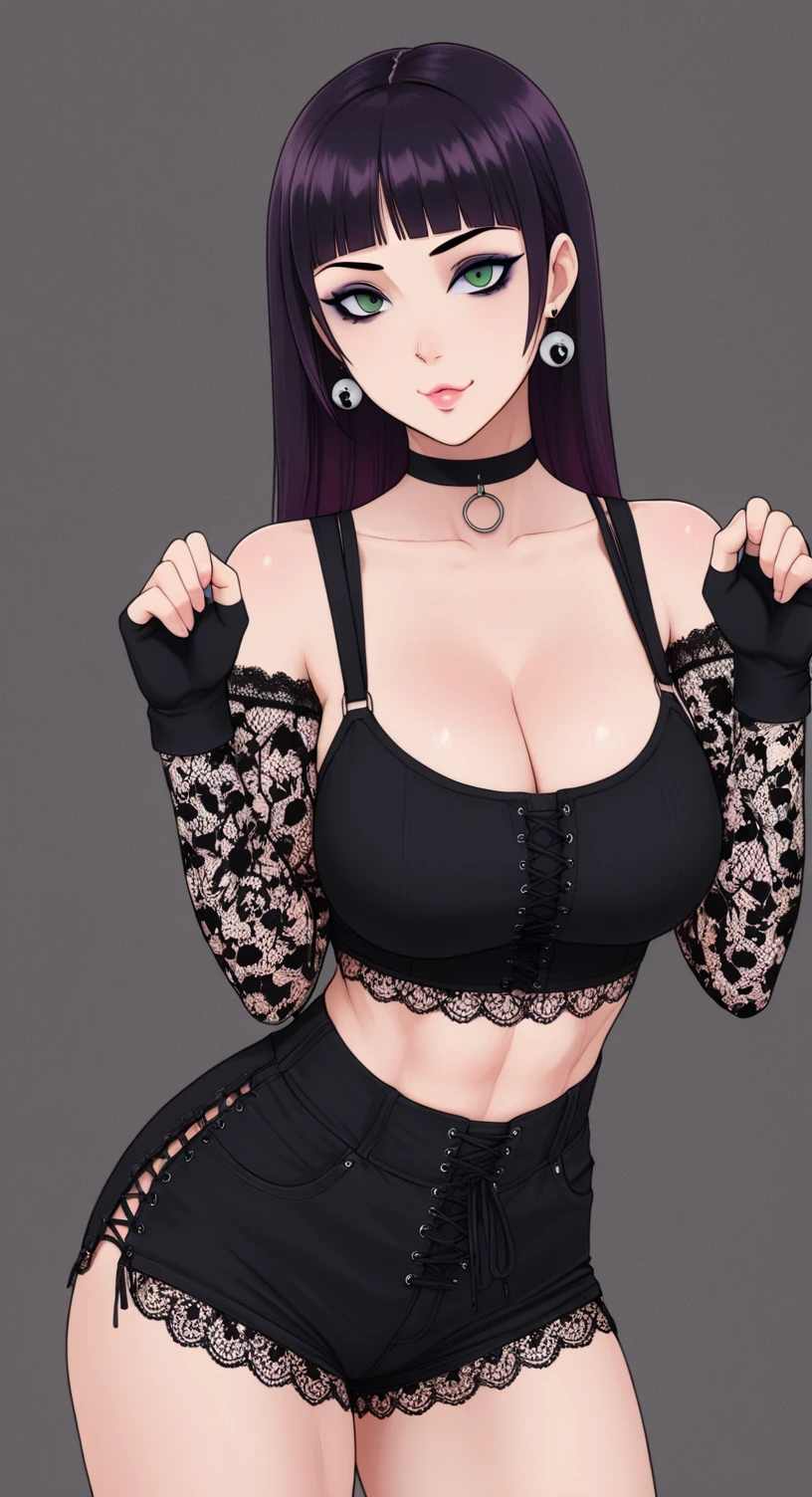 ((Best quality)), ((masterpiece)), (detailed: 1.4), beautiful woman, short black shirt open, short skirt, black hair locks gray, fringe twin tails, black rose, skull, neckline, sweaty, wide square, defined body, body shine, sarcastic smile, dark, black lipstick, ink, (solo), realistic,((masterpiece)), (best quality), (detailed), (1 girl), large breasts, sexy, thicc