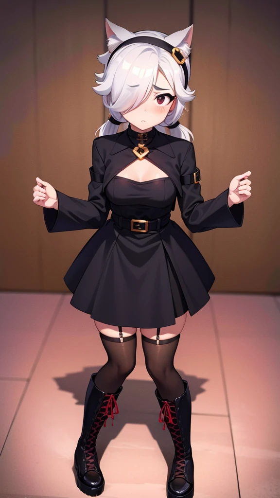 ((best quality)), ((highly detailed)), masterpiece, detailed face, (1girl), (from below:1.4), upskirt, large thighs, thicc, yorha no. 2 type b, white hair, white thong, short hair, black hairband, mole under eye, ((black blindfold, covered eyes)), thick thighs, large ass, (indoors, in a classroom, desks, schoolgirls, schoolgirl uniform, pleated skirt)