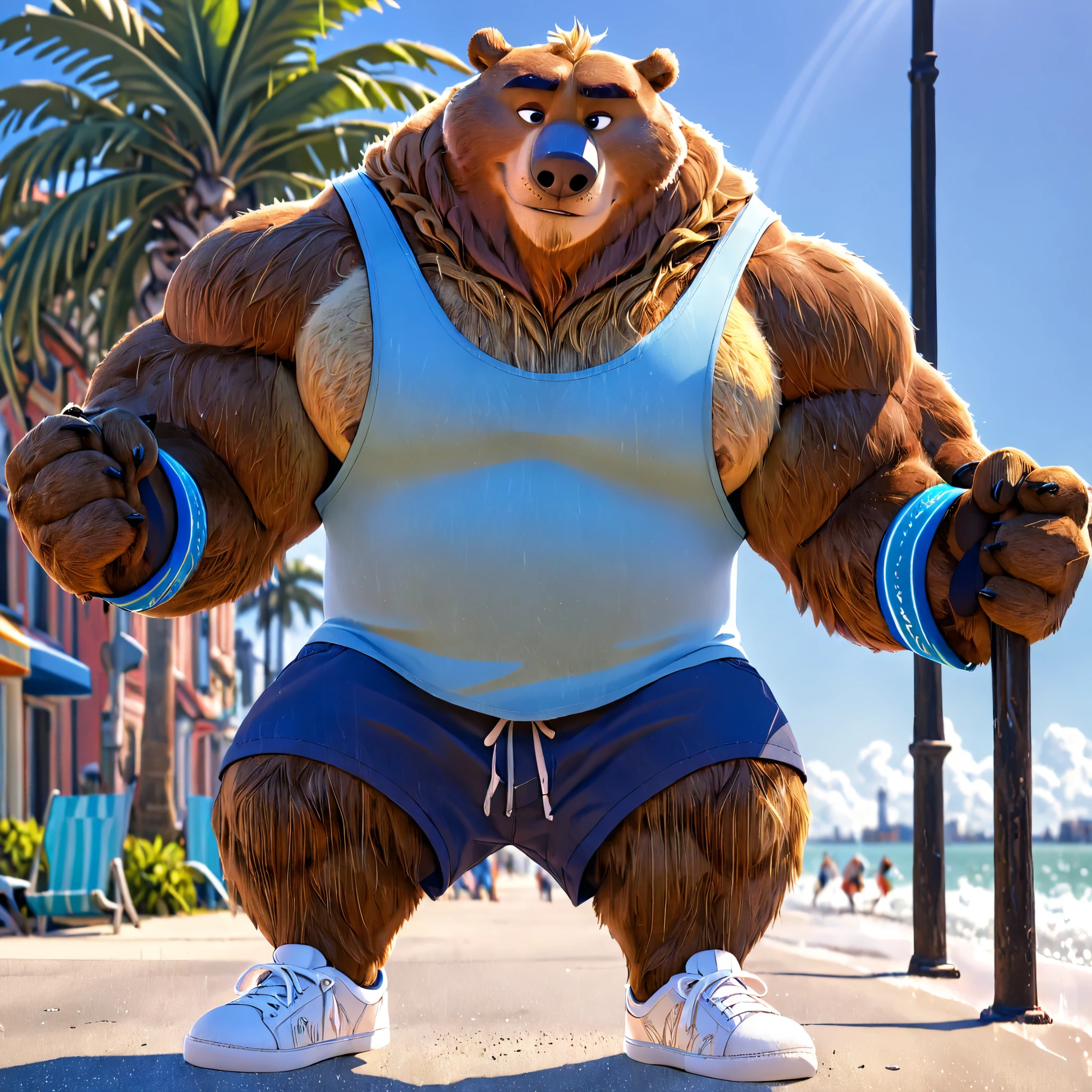huge muscular Eurasian brown bear in St. Petersburg beach, big smirk, light Eurasian bear, huge light brown fur, thick arm, huge arm, golden mustache, short Golden hair and beard, (muscular, pectoral, wide pectoral, thick arms), Zootopia, 8k, masterpiece, detailed golden eyebrows, detailed eyes with blue pupils, (wearing dark blue shorts, wristbands, light blue tank top and white shoes), bouncing his pecs like a drum
