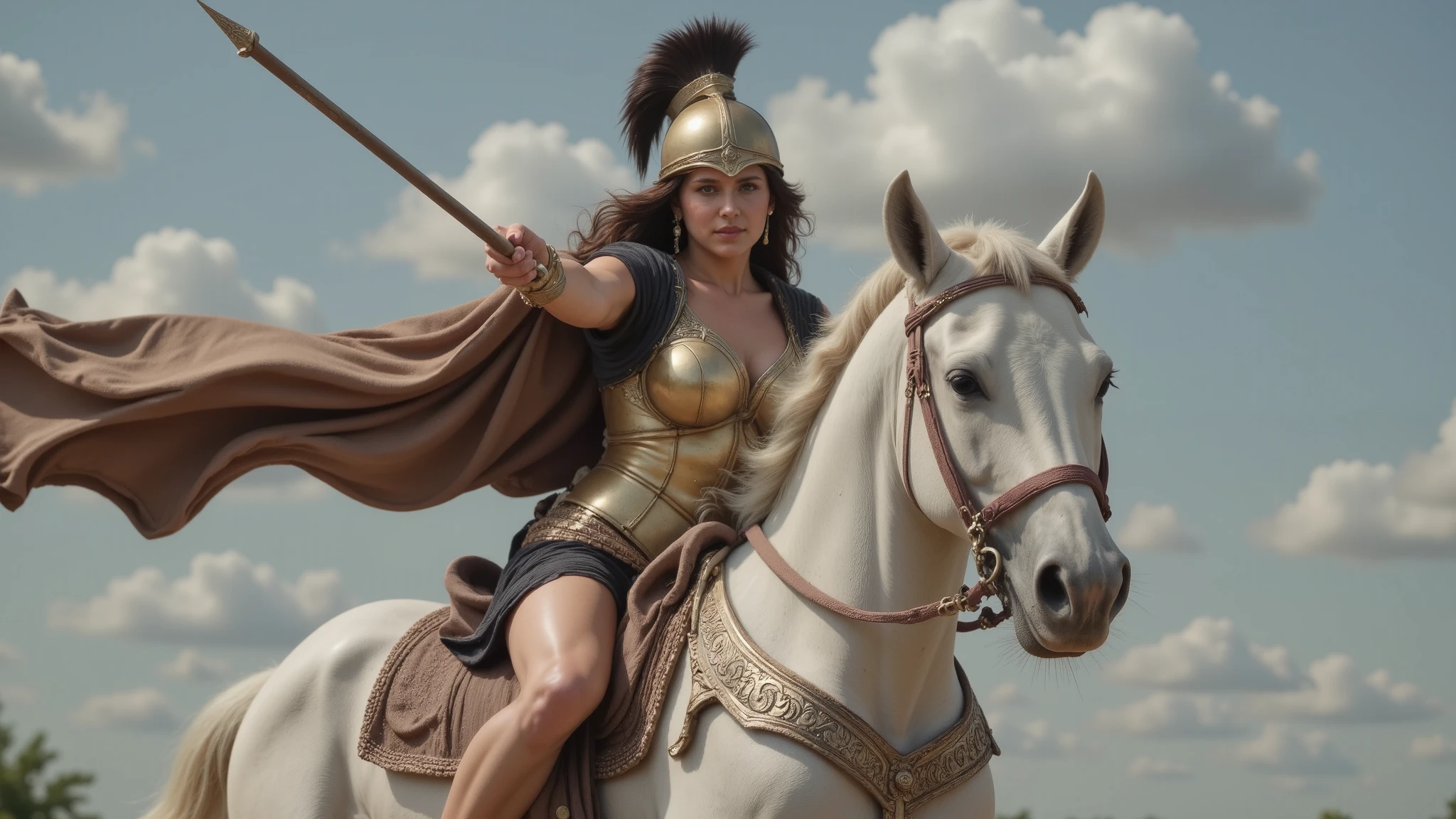 Hippolyta, the Greek Amazon warrior, rides a majestic white horse, both adorned with intricate armor. She has brown hair flowing behind her and wears golden bronze armor with richly ornate cups protecting her chest. Under her armor, detailed black fabric is visible, complemented by a flowing brown cape. Her bronze Athenian helmet is adorned with a striking black crest, enhancing her regal appearance. Hippolyta points her spear directly at the viewer, her gaze fierce and commanding. The white horse, also protected by armor, is galloping powerfully as the duo charges forward, exuding strength and heroism in a realistic and dynamic scene.