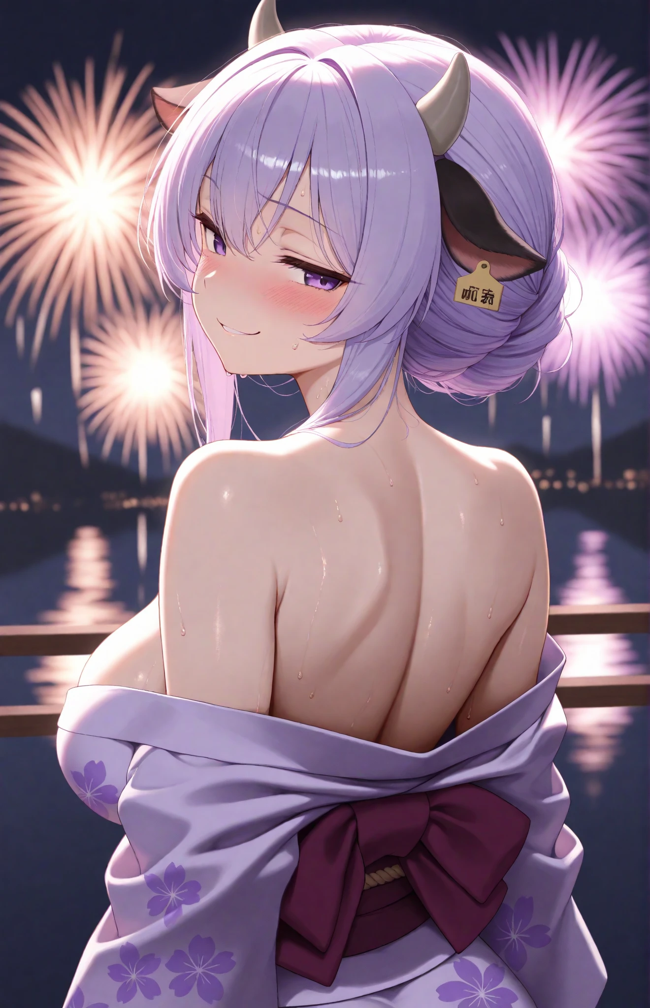 score_9, score_8_up, score_7_up, source_anime, from behind, solo, 1girl, motokosac, slight smile, looking back, purple hair, red eyes, purple kimono, off shoulder, bare shoulders, fireworks <lora:ghostintheshell_kusanagi_ponyXL-SAC:1>