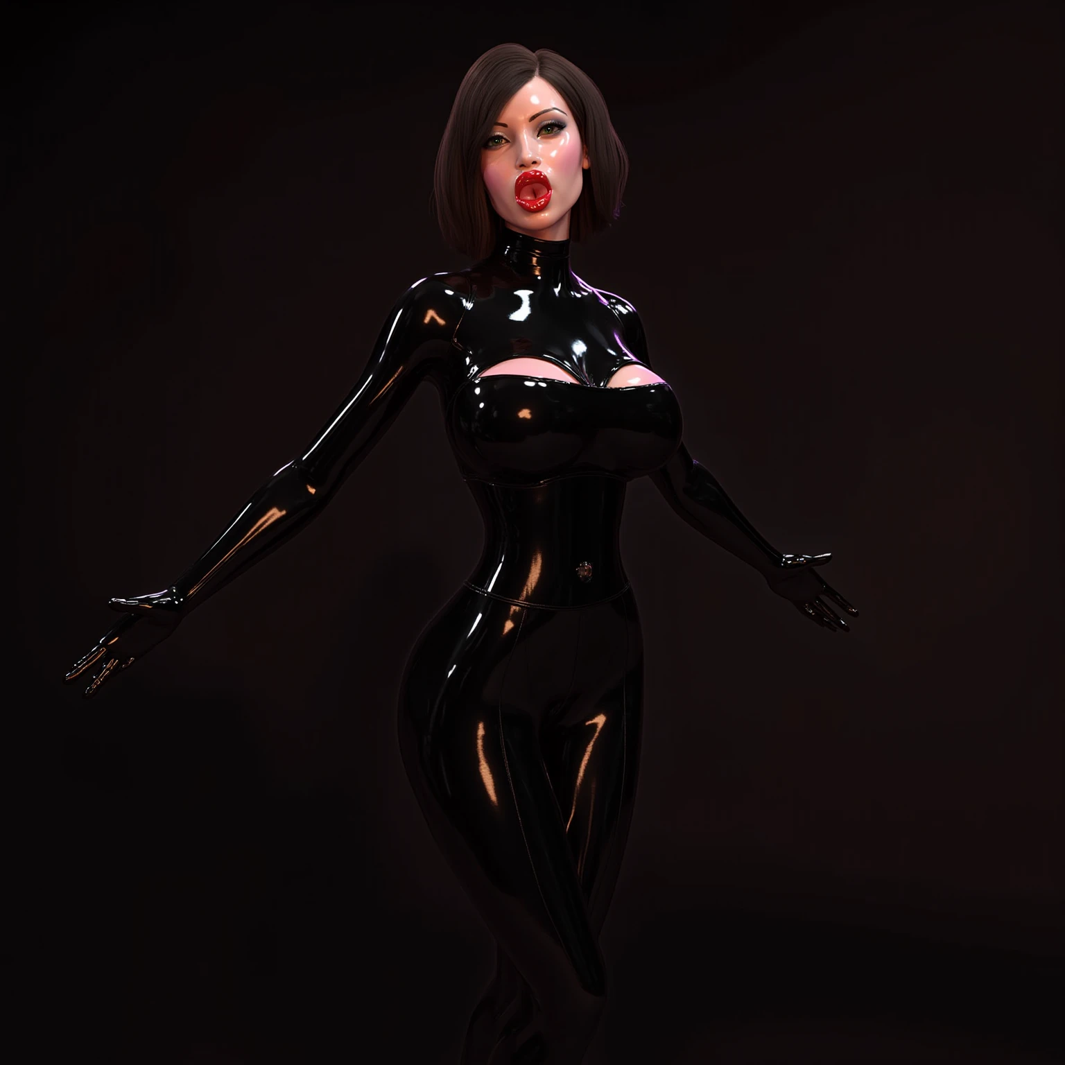 score_9_up, score_8_up, score_7_up, 1girl, solo, mature female, ((Catwoman)), brown long straight hair, brown eyes, red lips, parted lips, fit slim body,(((perfect erected medium breast))) (((black tight suit, black eye mask))), (((highly detailed bunker, white neon lights))), perfect fit model body, pumped up ass, wide hips, seductive pose