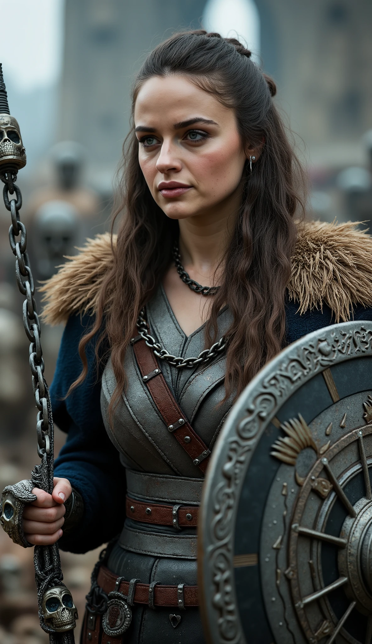 Gal Gadot as Viking, sword and shield adorned with skulls and chains a hyper realistic image close up upper body textures hyper-detailed textures the hyper realistic background of a city of skulls with textures in 8k