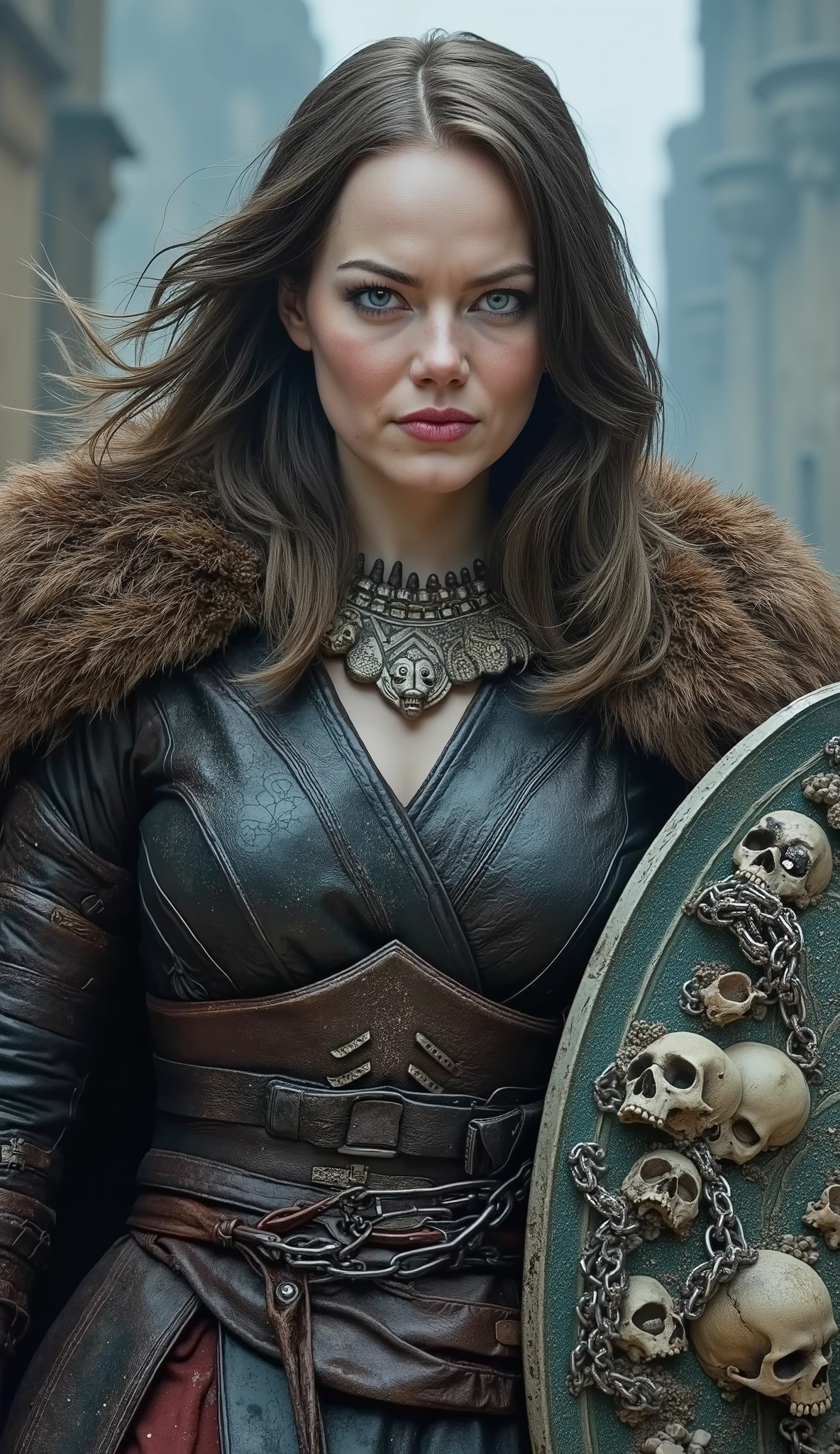 Gal Gadot as Viking, sword and shield adorned with skulls and chains a hyper realistic image close up upper body textures hyper-detailed textures the hyper realistic background of a city of skulls with textures in 8k
