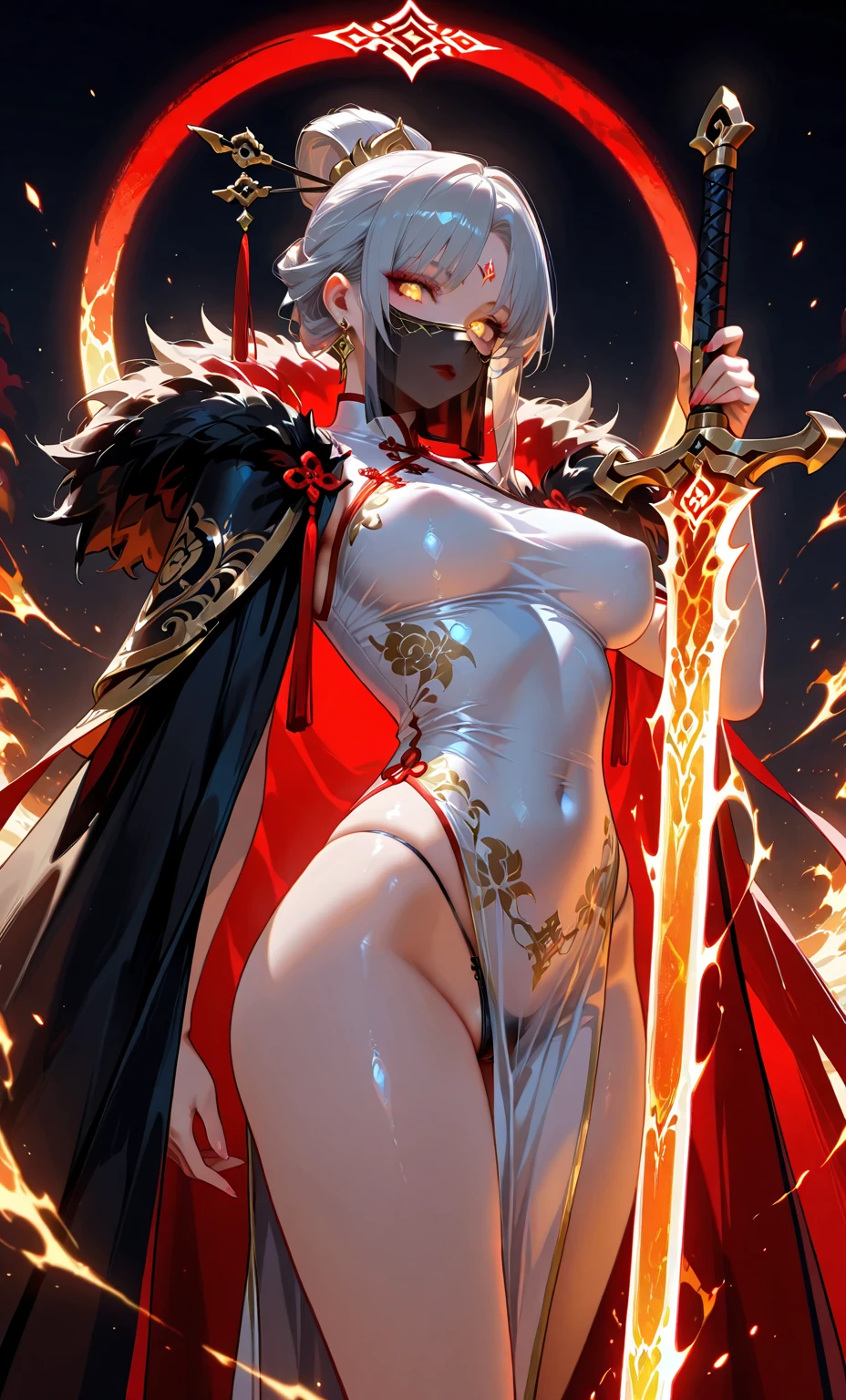 Rear view、red cloak、tattoo、red eyes、(((Touch genitals and spread gangbang)))、female organ、(((pubic hair)))、naked、Beautiful Girl Magician、blonde twintails、((whole body))、(((photo taken from below)))、darkness