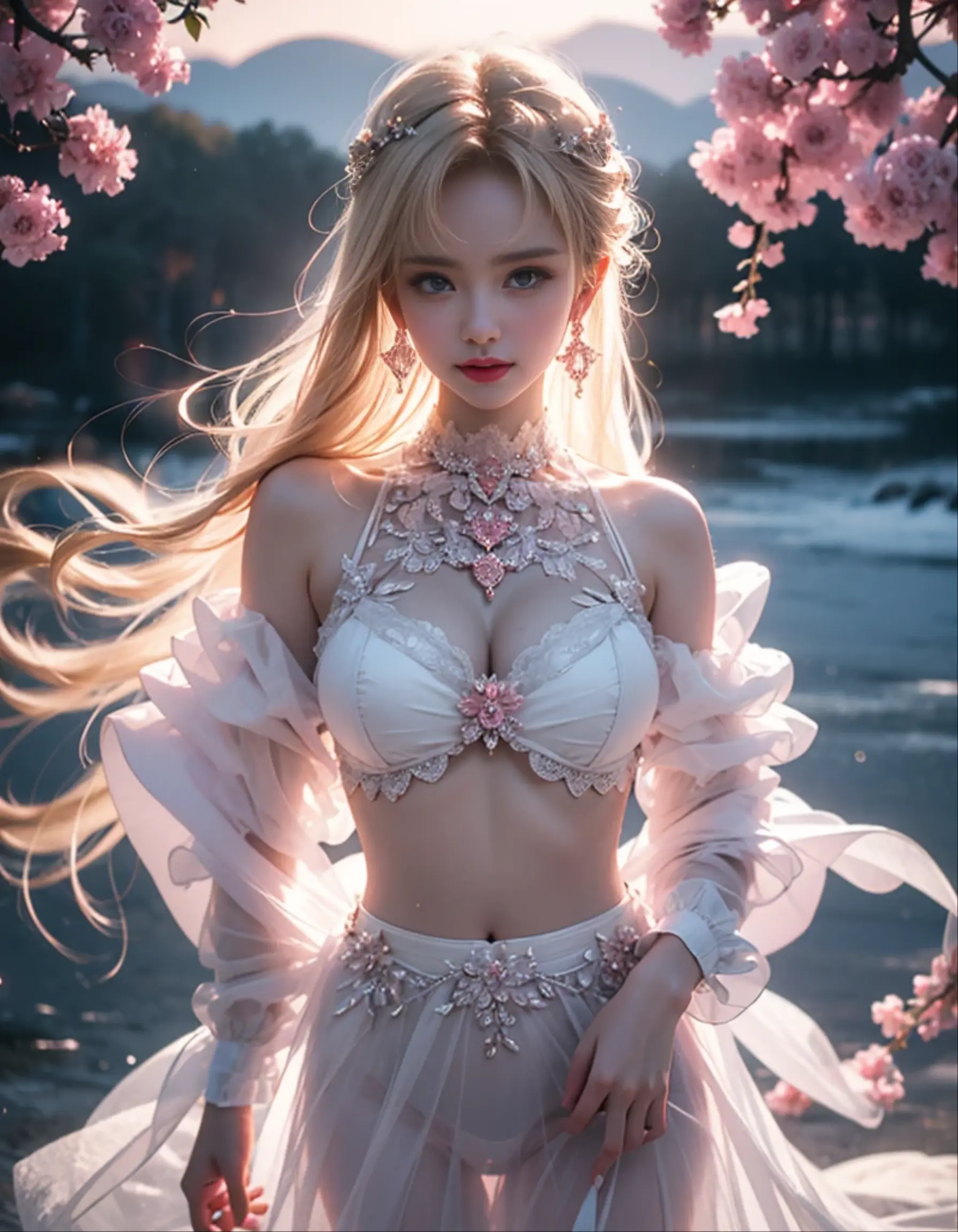 masterpiece,Highest image quality,Super detailest quality ,extremely delicate and beautiful, Very detailed,best quality, official art, Extremely detailed CG unified 8k wallpaper, portrait photo, The most beautiful look,Blonde hair, blue eyes,Radiant skin and radiant eyes, beautiful skin,(detailed lighting:1.2), (Beautiful and detailed light:1.3), deep understanding, beautiful nude color, complex, digital painting, Smooth, sharp focus, end of the world, epic reality,looking at camera, (high dynamic range:1.4),face camera, (pastel colors:1.4), beautiful big breasts,end of the world的, give up, neutral color, night, screen space refraction, (intricate details, Super detailed:1.3), art station, movie shot, vignette, complex background, buliding,charming smile,Blushed,Shy,detailed background,(Various colors of dream catcher earrings missing color,Color is black,White,pink,Purple,red,blue,orange color,green,blue,,),sexy and sultry,(exposed,camel toe,comb neatly,),The sexiest look,Crystal Pink Diamond Venetian Sunset Rose Transparent Open Dress,Ultra thin,translucent,lace,hollowed out,(Off-shoulder, large open chest, crystal pink diamond, transparent hollow, open style, slim dream, dark elf fascination suspender skirt:1.6), pink背景,