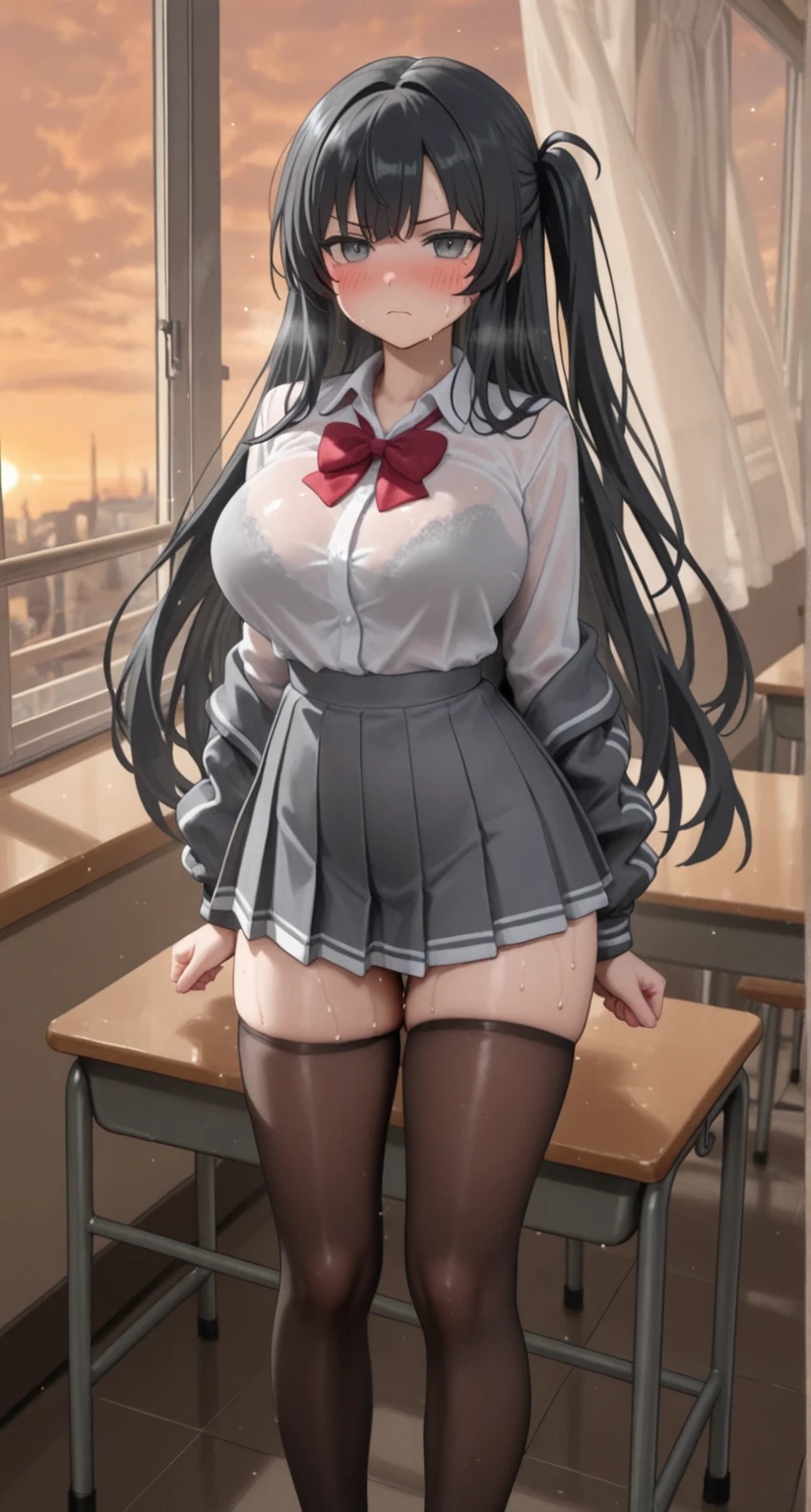 (masterpiece)、(Best image quality)、(Very detailed)、(Very detailed)、4K、(8K)、Best image quality、(beautiful), 1 Girl,Huge breasts、Thick thighs,smile、Noise Reduction、Emphasis on the crotch、Breast augmentation、(Transparent black pantyhose:1.2),pubic hair,(school uniform:1.2),(Footjob:1.2)