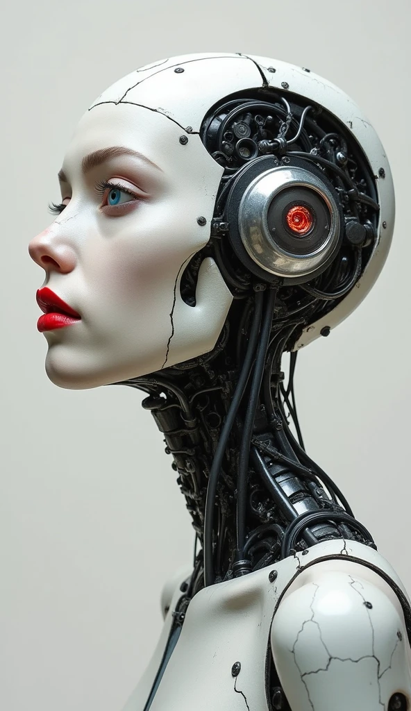 (masterpiece, top quality, Best Quality), head on, (1 girl), half body, extremely detailed, striking body, more detailed,((ultra detailed)), ((an extremely delicate and beautiful body)), (from the front), cinematic light, ((1 girl cyborg)) beautiful face, alone, foto de half body, pose sensual, (machine made joints:1.2),((mechanical limbs)),(Blood vessels connected to tubes..),(mechanical vertebra attached to the back),((mechanical cervical fixation to the neck)),((hollow body)),((Pure white, light tones, minimalist white))