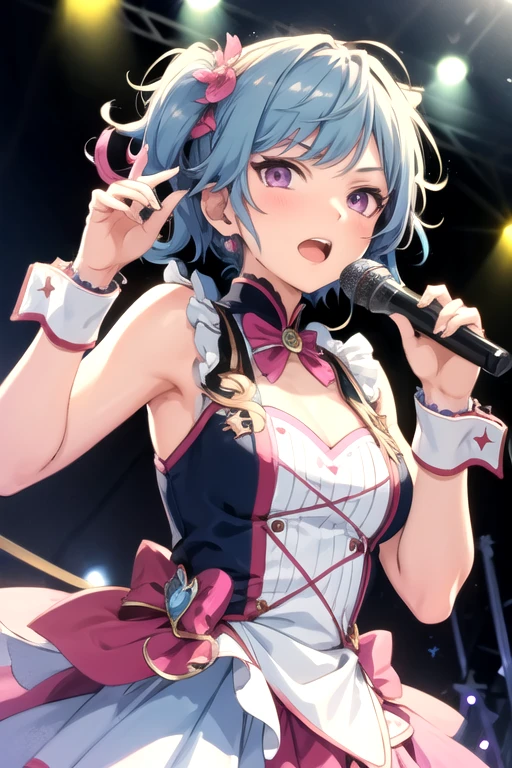 ((masterpiece、Highest quality))woman、Cleavage、cute、cute、belly button、My Favorites 、alone、Idol、Light blue skirt、Light blue hair、Short Bob、Bright Blue Eyes、Blue Ribbon、Scrunchie、Pleated skirt、smile、necklace、fish、smile、dance、sing、sight、Sparkling、Red cheeks、vocalist、Pretty Cure Costume、 Loud cheers、Surrounded by music、cuteポーズ、splash、