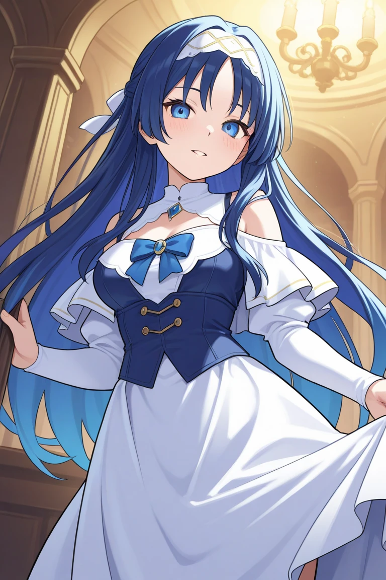 1girl, cowboy shot, 
 maid,  thighhighs,, masterpiece, best quality, highly detailed,((blue hair)),((frilled mini skirt)),white maid clothes,((blue hair)),((adult)),
