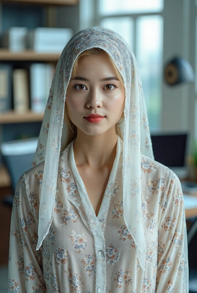 20 years Old, Long hijab Korean mature woman, Big : 66.9, long white patern gamis, big breast: 1.9, at doctor office, Dim light, at photo studio