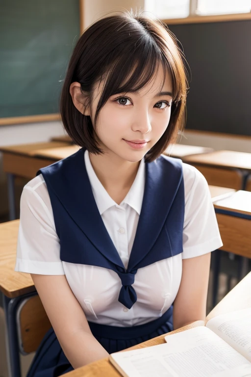 a sailor suit, Realistic,Top quality, 1 beautiful woman, super short Hair, shy-smile, at classroom