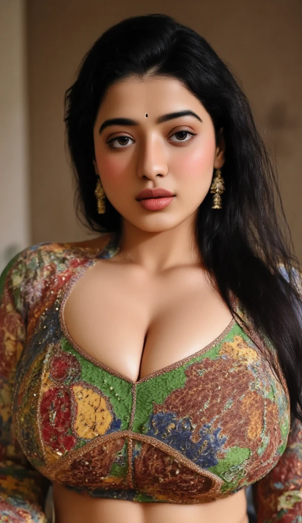 perfect pink eyes, fantastic face, Indian, beautiful look, ((red lips, bright eyes, curve heir 1.5)), ((beautiful details very big breast )), (Straight round and ultra huge clevage, not sagging breast), A glorious gorgeous, glorious gorgeous face, pretty face, bright eyes, detailed elegant printed red saree, updo elegant hair, blurred gray tones background, ultra focus, face ilumined, face detailed, 8k resolution, painted, dry brush, brush strokes, razumov style and garmash style, by Tokaito, (fluorescent colours:1.4),(semi transparent:1.4),(retro filters:1.4),(fanciful:1.4),Candy World Disneyland Ethereal Soft Fluffy Soft Landscape Forest Snowflake Pale Pink Sky Green Blue Sparkling Ethereal Light Soft Whimsical Light Rainbow Stars Diamond Sparkle Gemstone Background Ultra Realistic Ultra High Quality Cinematic Lighting Huge Details Full HD Painting Plenty of light,diagonal bangs, Dress with collar,side masterpiece, best qualityer,realskin,(sportrait:1.5), 1girll, bluntbangs, long whitr hair,
