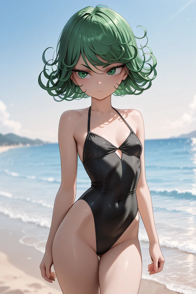 (masterpiece, best quality:1.2), <lora:opm_tatsumaki-20:0.8>, cowboy shot, solo, 1girl, tatsumaki, unamused, closed mouth, looking at viewer, hand on hip, swimsuit, bikini, beach, small breasts