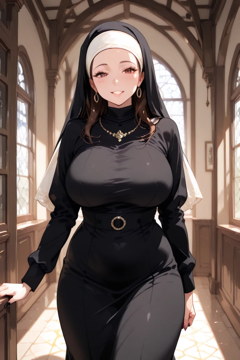 glasses, church, hijabi, cleavage, (best quality, masterpiece, RAW photo,ultra-detailed:1.2), 1girl ,looking at viewer, smile,;D,