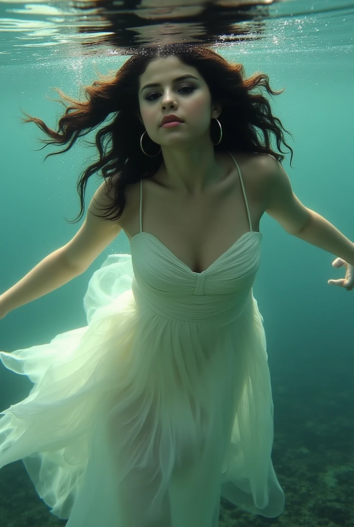 black and white closeup photo RAW, an ethereal scene with a 28 yr old woman in white dress submerged in water, surrounded by floating flowers, blurring the lines between reality and fantasy. closed eyes