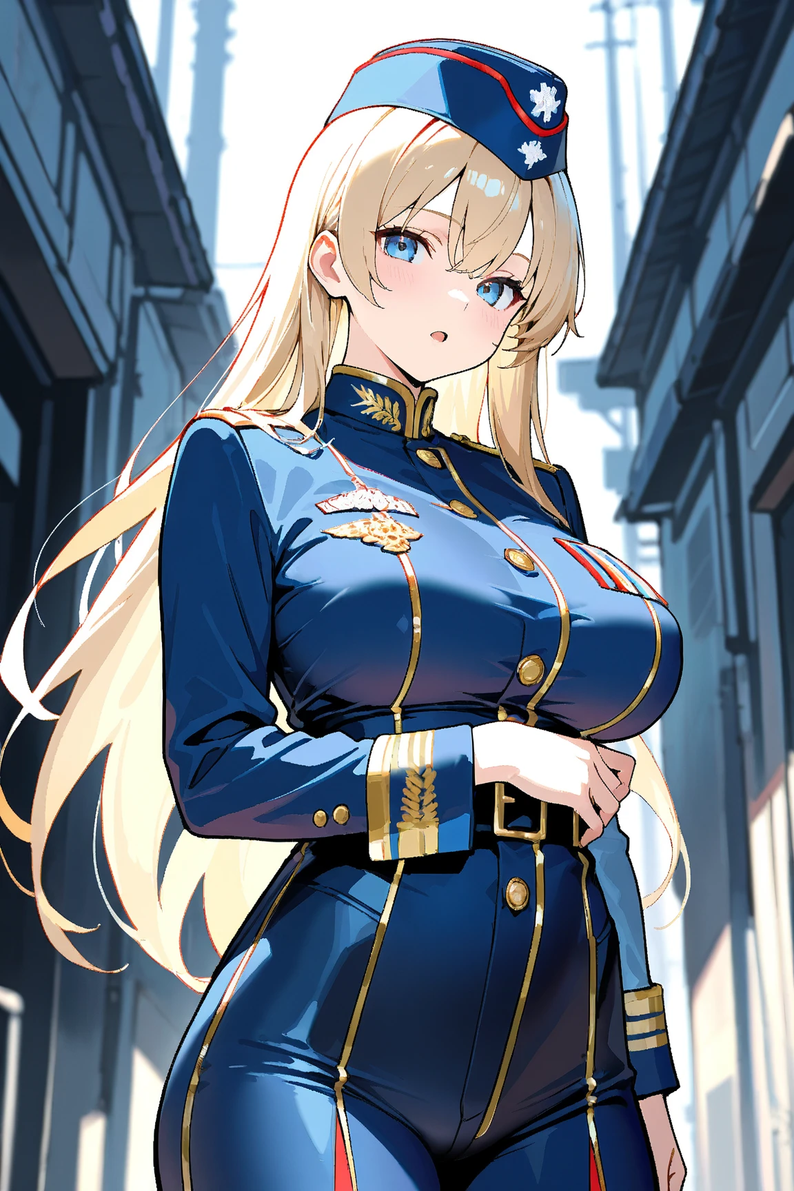 Women (upper body: 1.2 1 girl, masterpiece, top quality, super detailed, illustrations, big eyes and detailed face), wide waist, huge breasts, attractive, viewer looking, curvaceous, sensual, full-body, (late teenage women), solo, (curves: 1), big buttocks, thighs, (navy blue military officer uniform), (navy blue tight skirt), brown leather belt with gold buckle (gold trimming of costume), (medal on chest), ( Rank symbol on arm), (military cap with gold symbol), (posing seductively on the balcony), warm lighting, watching the viewer, (medium shot photo), (city council building background), anime style