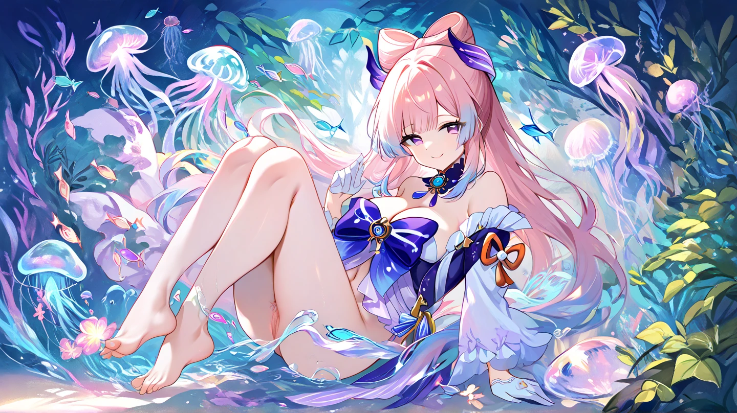 furry, a jellyfish girl, pink skin, many thin tentacles, transparent jellyfish crown, underwater