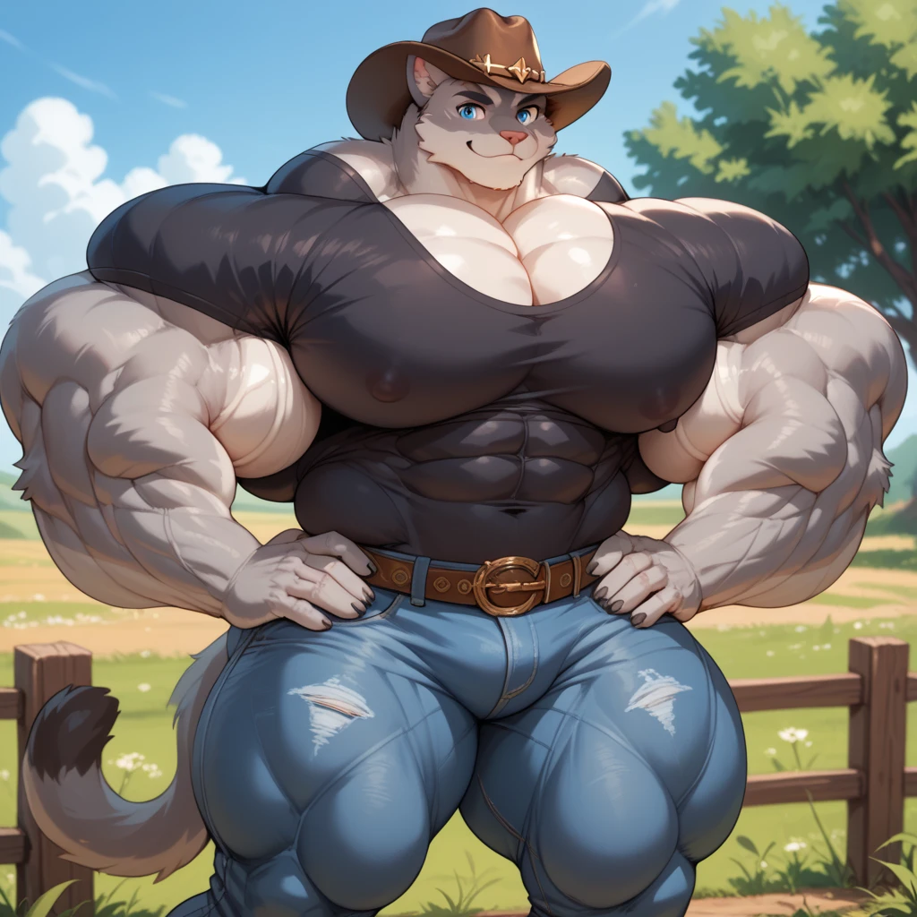 8k, (masterpiece), (highly detailed), (solo:1.5), (mouse woman:1.5), female, (black hair:1.8), mouse nose, short, stocky, buff, muscular, amazon, bodybuilder, (curvy:1.3), (white fur:1.6), (pink eyes:1.3), thicc, accurate eyes, highly detailed eyes, (huge breasts:1.4), (white tank top:1.6), fat belly, (ripped jeans:1.5), (wide hips:1.3), (muscular thighs:1.2), spiked collar, standing upright, combat boots, full body, standing on wooden floor, crowded nightclub, (surrounded by muscular guys:1.6), leaning on bar, (by darkgem:1.3), by meesh, (by zaush:0.5), by boosterpang, futa, (highly detailed bulge:1.2), (large bulge:1.3), smirking,