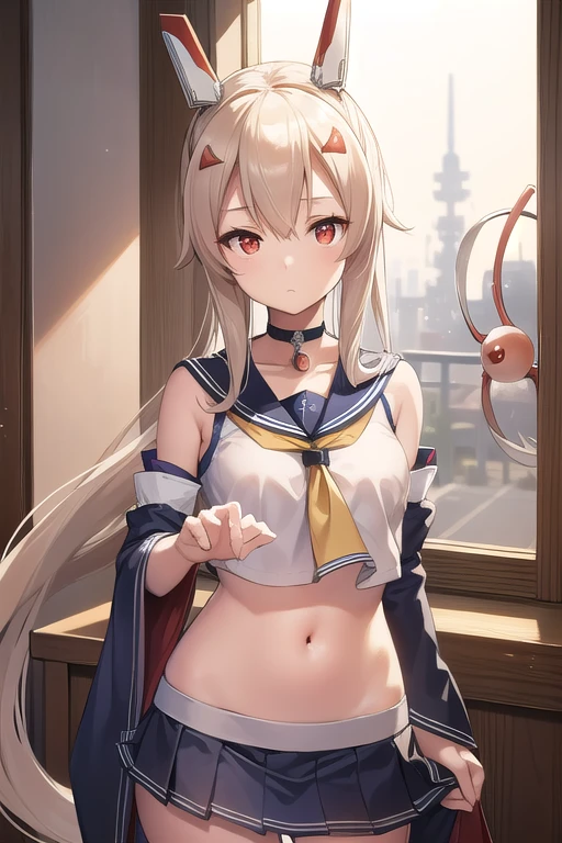 NSFW,tamamo cross \(umamusume\),(Perfect hands),(Perfect Anatomy),(masterpiece),(highest quality),Embarrassed,blush,cropped,Off the shoulder,hot pants,High leg pants,Love Hotel at Night,bedroom