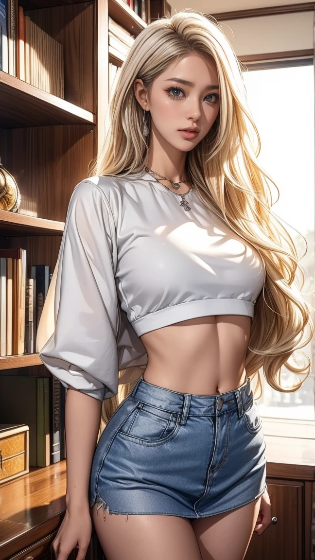 (8K, RAW Photos, highest quality, masterpiece:1.2), (Realistic, photo-Realistic:1.37)、Earrings, eyelash, pantyhose、Sexy and provocative smile、 (Shiny skin:1.05)、Venus Body、Having her hair done、My chest is popping out、Wear accessories on your wrist、Wearing accessories on the ankle、Background blur((depth of field)、23 year old white female、Silver Hair、long hair、blue eyes、Crop Top((crop top))、Navel visible、Wear low rise skinny jeans、I&#39;m in a big city