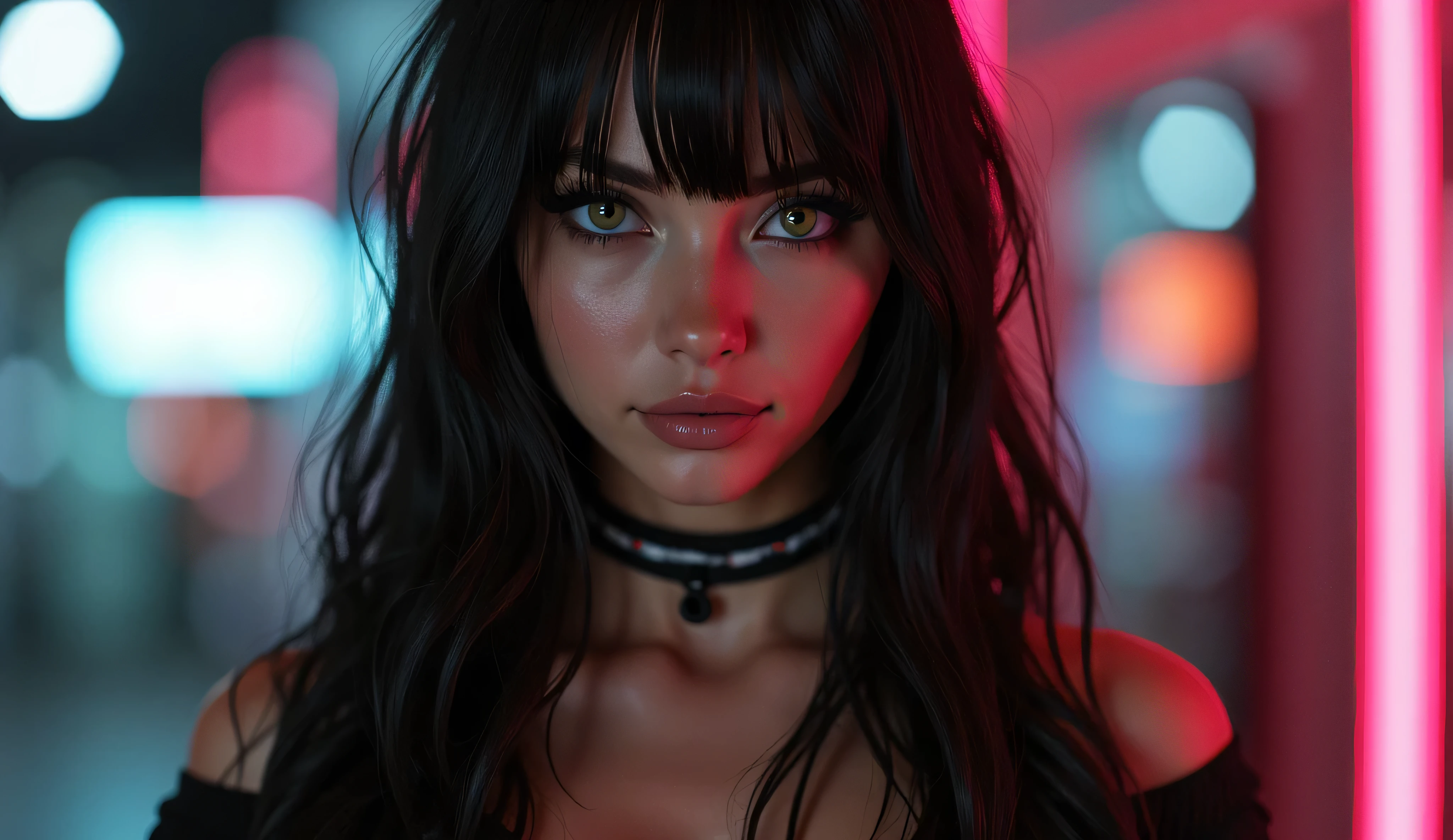 a sexy girl with tight clothes, dark and shiny hair with bangs on the forehead, green eyes, full body portrait, confident expression, 4k, ultra-detailed, photorealistic, cinematic lighting, dramatic shadows, moody sci-fi atmosphere, advanced 3D rendering, intricate futuristic details, vibrant cyberpunk colors, neon highlights, hyper-realistic, masterpiece
