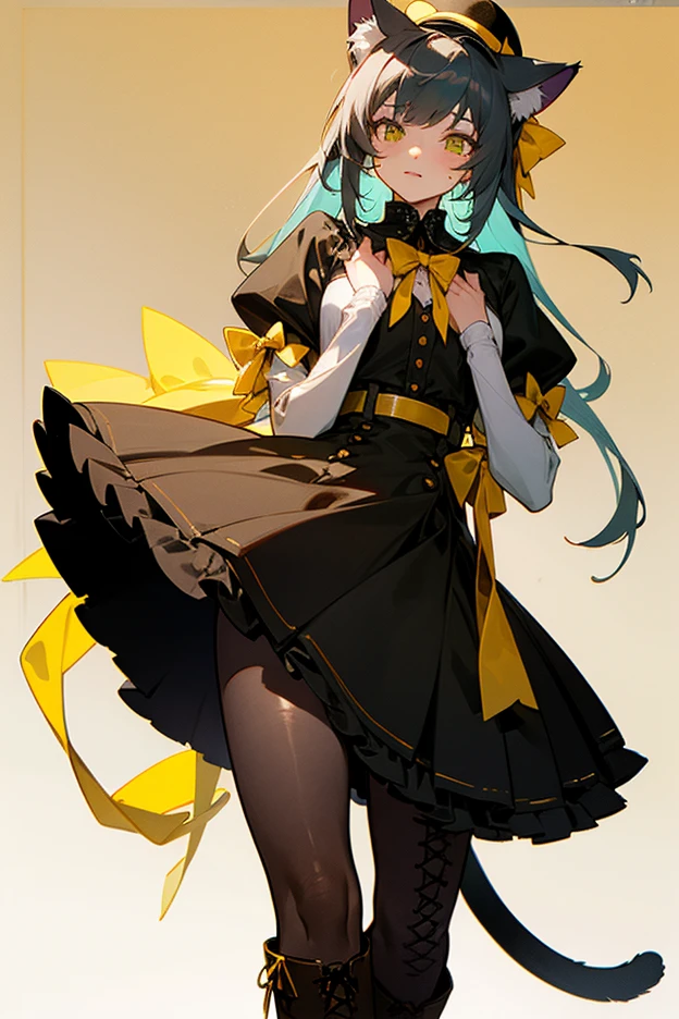 (masterpiece+top-quality:1.6)、女の子 1 人、10 talents、eyeshadows、lipsticks、独奏、long eyeslashes、Viewer Perspective、long、skirt by the、White shirt、(cabelos preto e longos:1.4)、Twin-tailed、long-sleeve、bow ribbon、Bow knot、hair adornments、frilld、lowfers、a choker、The eyes are orange eyes、The halo、orange background、frills skirt、Large ribbon、fishnet tights、The shirt、fishnets pantyhose、Platform footwear、Orange theme background、simple background、Department of Landmines、