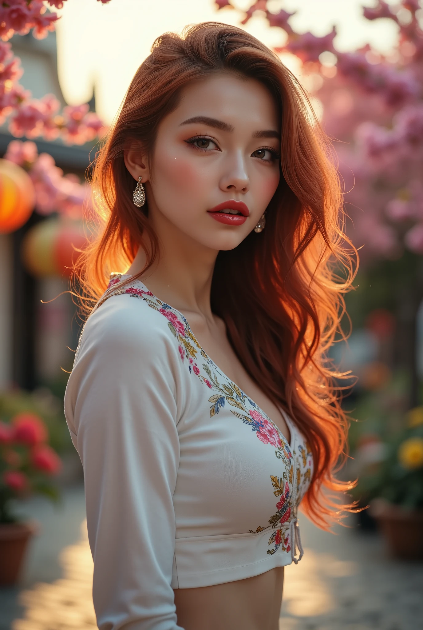  [Style: "masterpiece, realistic, (photorealistic Realism 16K Quality), ultra-detailed, UHD, Hyper high resolution" - "(Hyper quality, intricate ultra-detailed digital art)"] (Key Directive: - ("The priority is the anatomical accuracy and texture of the materials" - "Ultra-sharp human eyes with biological accuracy") {Character: "20-year-old white female" | Face: "symmetrical, pale skin, full lips, red lipstick: 1.15" | Eyes: "brown irises (hyper-detailed pupils:1.2), blue false lashes:1.28" | Hair: "waist-length red curly (setting light reflections: 0.5)" | Pose: "dynamic side position" Outfit: [Top: "white tight long-sleeved top (body-hugging, richly decorated: 0.9)"] [Bottom: "long pants ((low waist, tight, plain))"] Environment: "((photo from head to knee:1.3))" | "garden street at sunset (((rain-slick cobblestones), colorful flowers, cherry blossoms))" | Lighting: - ("Cinematic clarity and global illumination") Technical Specs: (DOF: "shallow, f/1.8, blurred crowd in background") (Post-Processing: "Specifications: (DPF: "deep, f/1.8, distinct garden in the background") (Post-production: "chromatic aberration: 0.7") (Rendering engine: "Unreal Engine 5 path tracing, 16K texture maps") The ultra-Highres,Unreal 5,Subsurface scattering,PBR Texturing,Post-Processing,Anisotropic Filtering,depth of fields,Maximum Sharpness and Sharpness,multi-layered texture,Albedo and Specular maps,Surface Shading,Precise simulation of light-material interactions,perfectly proportions,Octane rendering,Two-tone illumination,Wide Aperture, low ISO, white balance, The rule of thirds }
