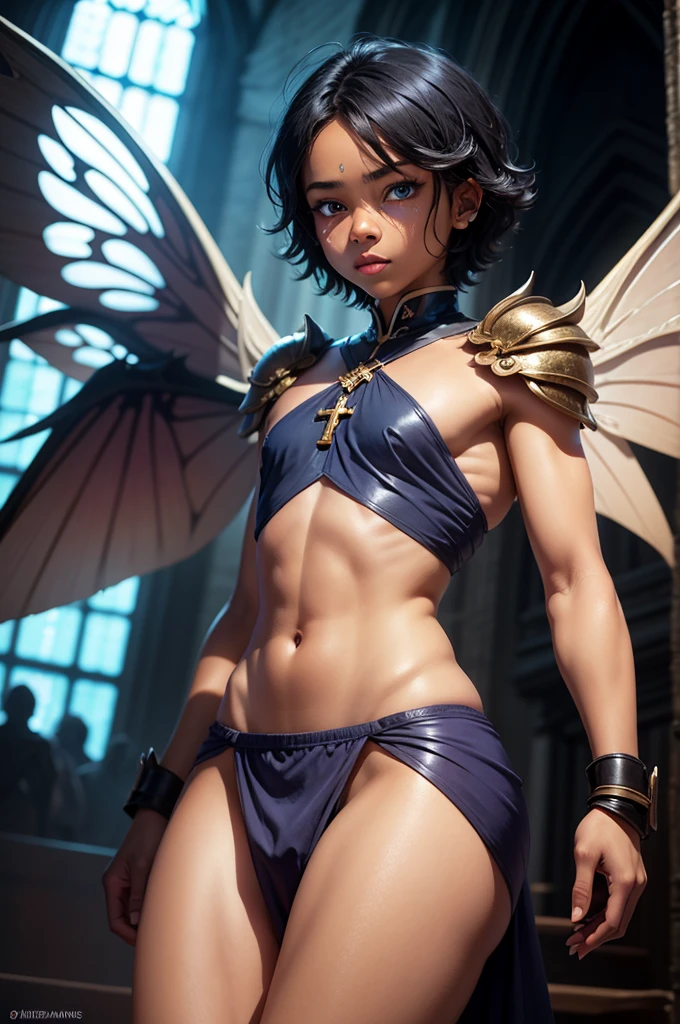 1boy, male, teen, cute face, innocent face, tanned skin, tan skin, golden eyes, fairy, fairy wings, golden fairy wings, gold fairy wings, yellow fairy wings, brown hair, dark brown hair, long hair, glowing neon hair streaks, braided hair, thin body, short, sexy, skimpy, loincloth, blacksmith, technomancer, cybernetics, forge hammer