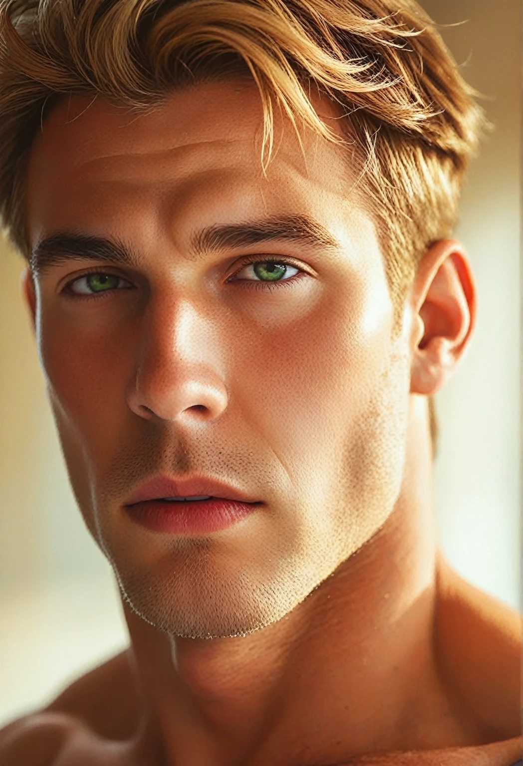 photo of a stunningly handsome man, 20 years, Blue eyes, short hair, Brown hair, full height, naked torso, photorealistic, Best quality, detailed, 8K, HDR, cinematic lighting, sharp focus, short hair, looks at the camera, smiling, slight smile, on a green background