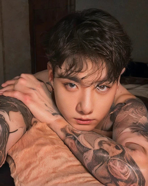 arafed man with tattoos on his chest and neck laying in bed, male ulzzang, delicate androgynous prince, handsome japanese demon boy, south korean male, beautiful androgynous prince, inspired by bts park jimin, attractive neck, orange hair